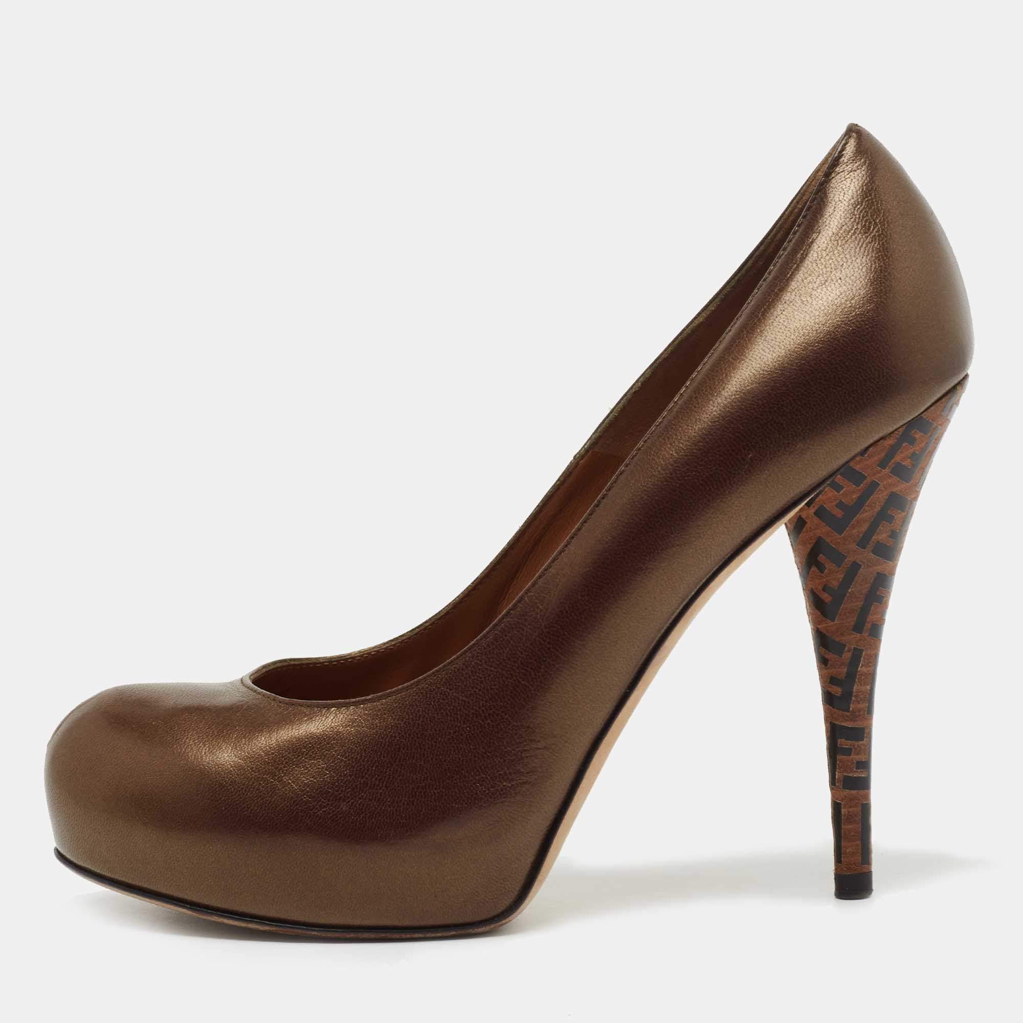 Pre Owned Fendi Metallic Brown Leather Platform FF Pumps Size 38