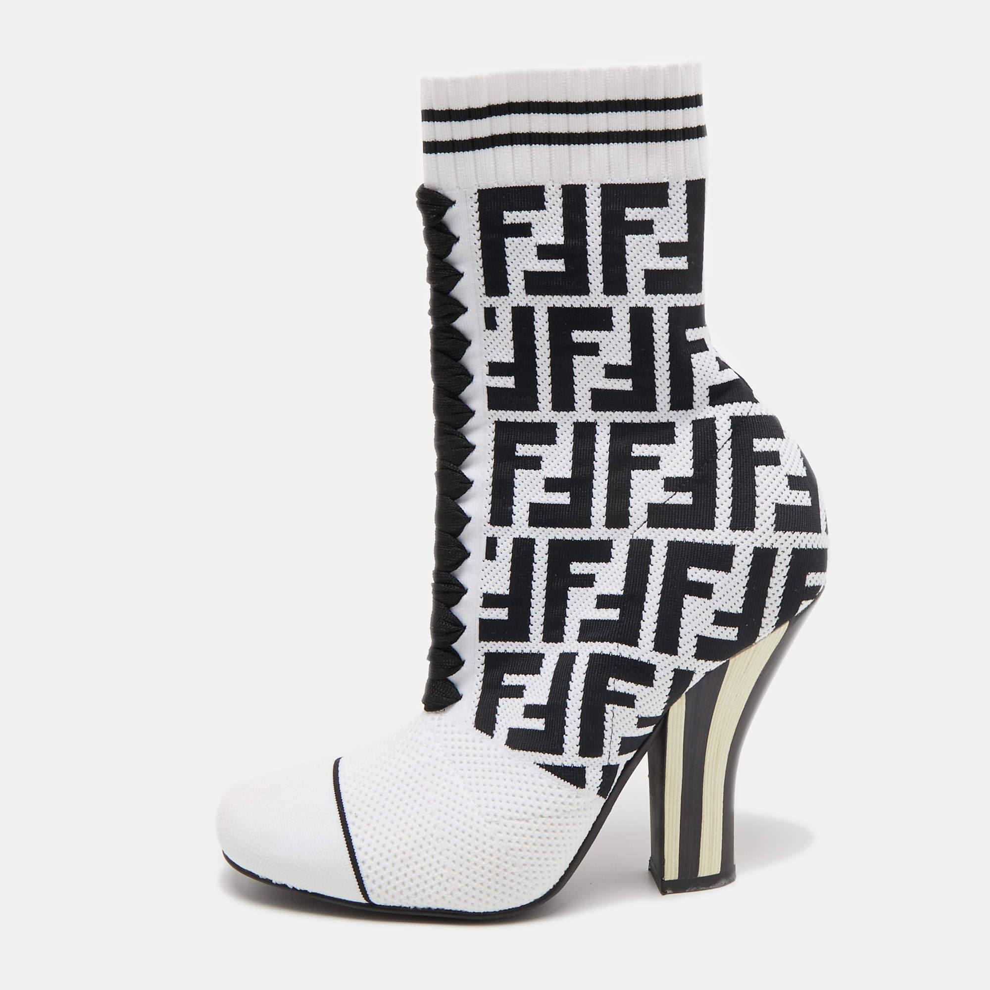 Pre Owned Fendi White/Black Knit Fabric Rockoko Ankle Boots Size 37