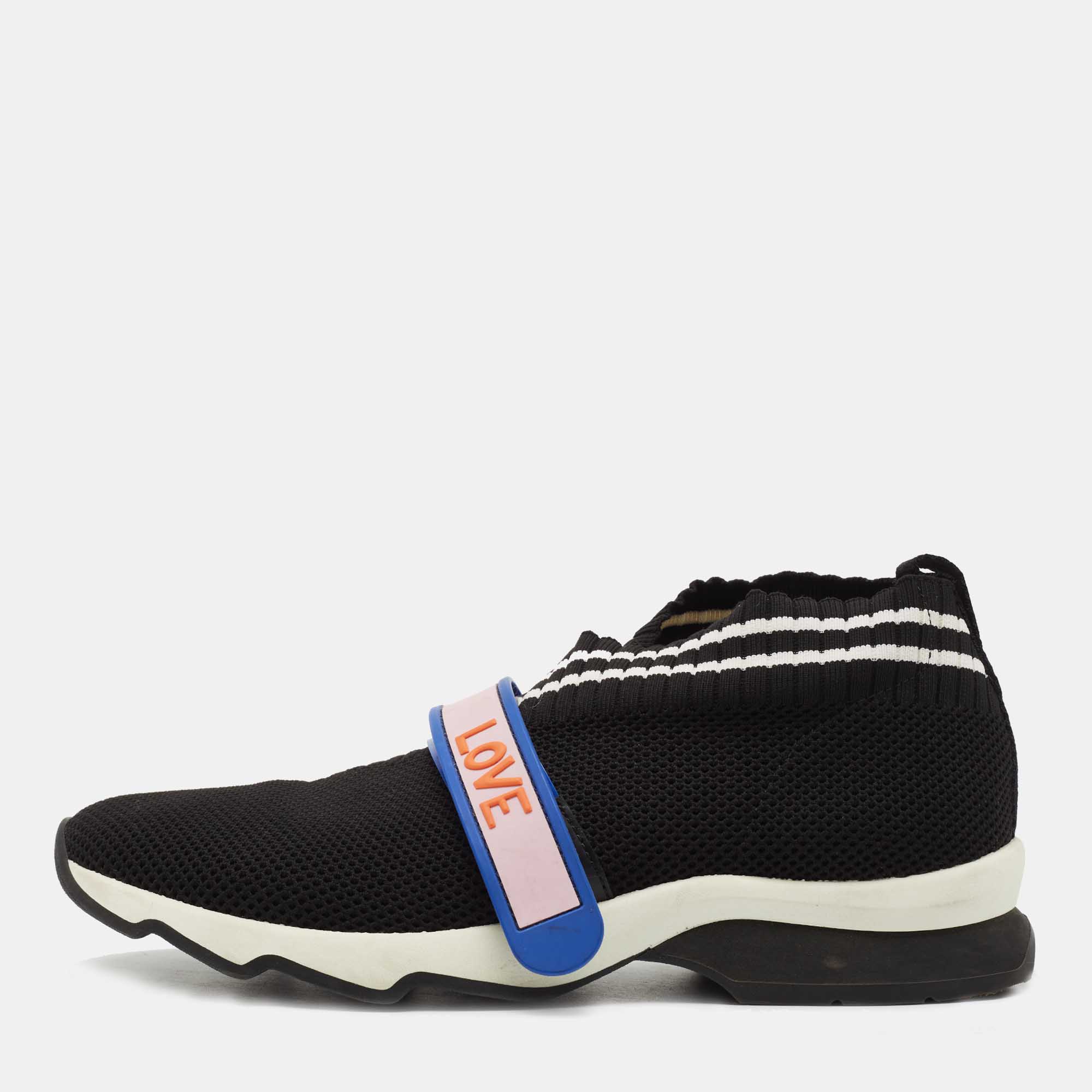 Pre Owned Fendi Black Knit Fabric Rockoko Slip On Sneakers Size 39