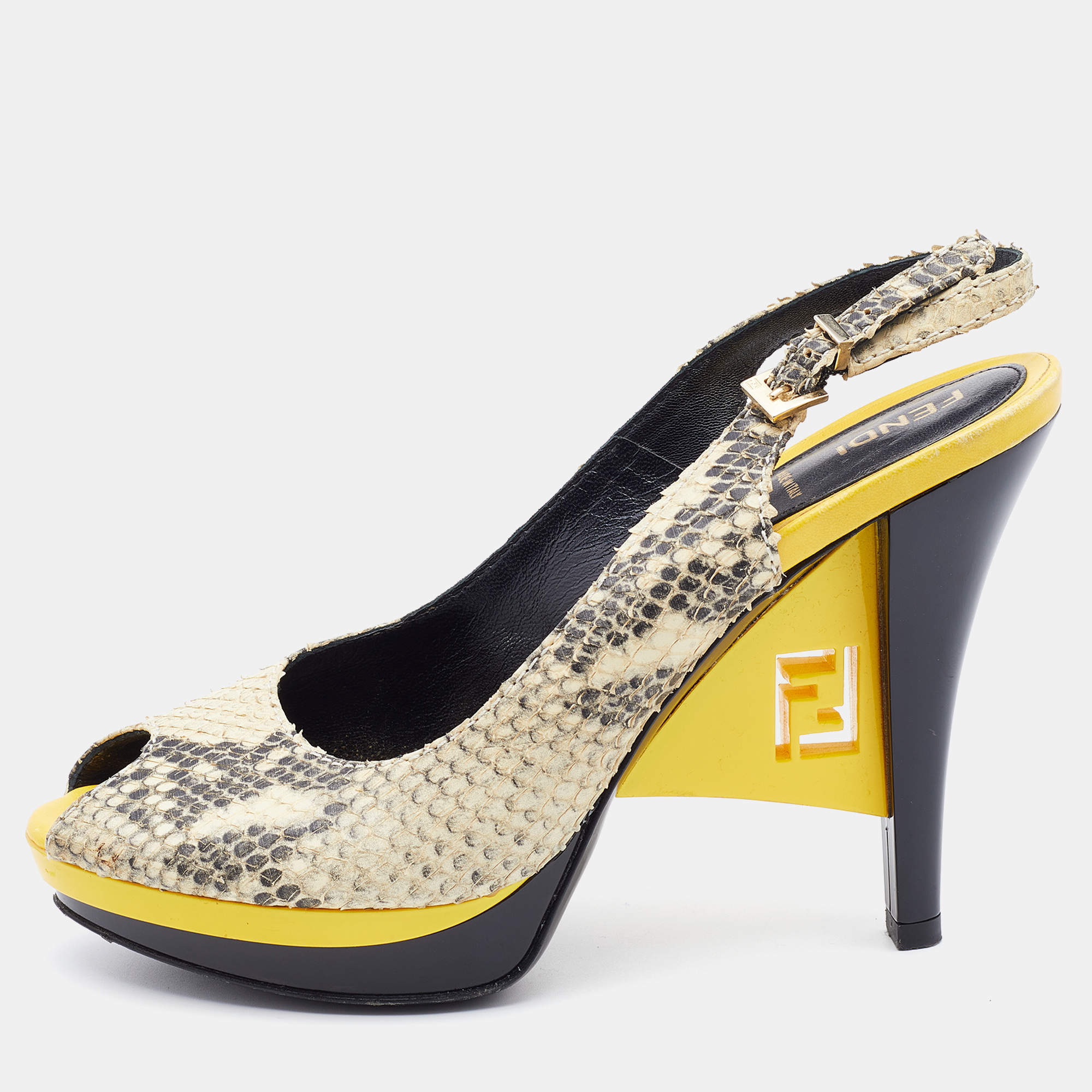 Pre Owned Fendi Cream/Black Python Embossed Leather Peep Toe Platform Slingback Pumps Size 38