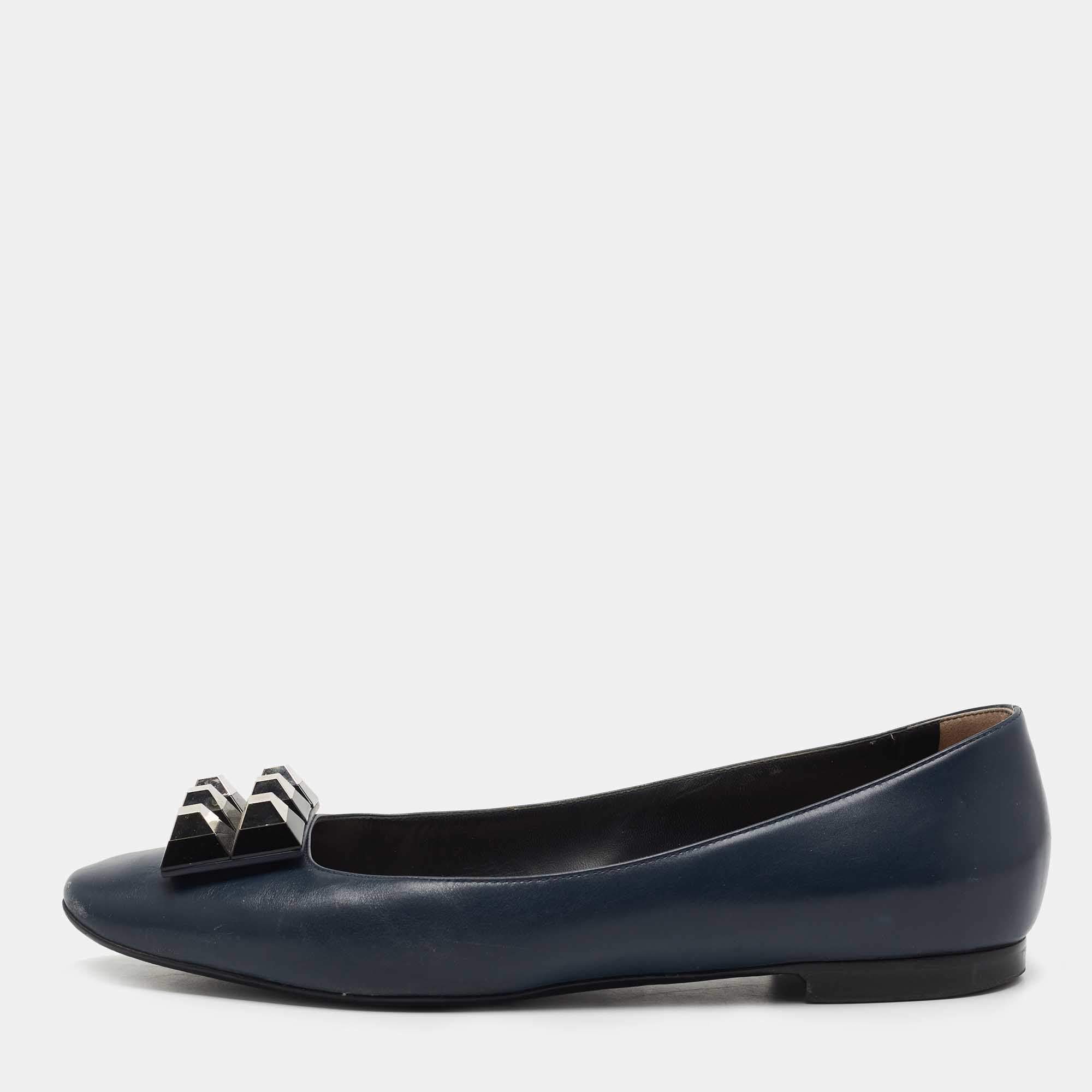 Pre Owned Fendi  Navy Blue Leather Studded Ballet Flats Size 41