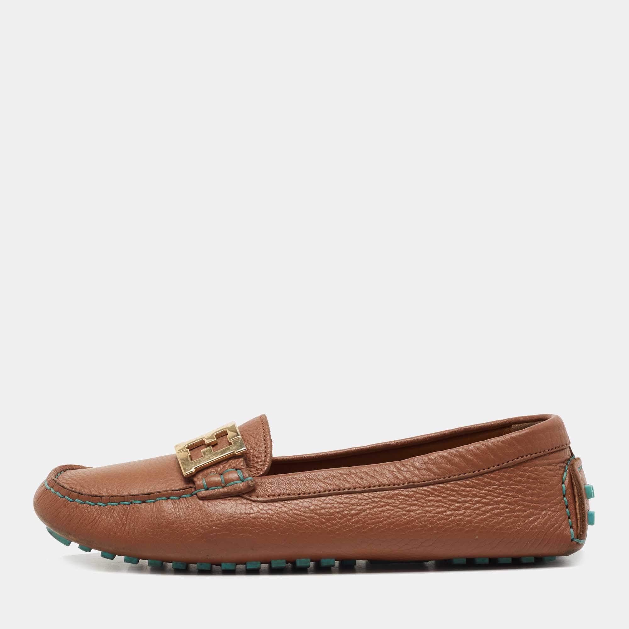Fendi Brown Leather FF Logo Slip On Loafers Size 37