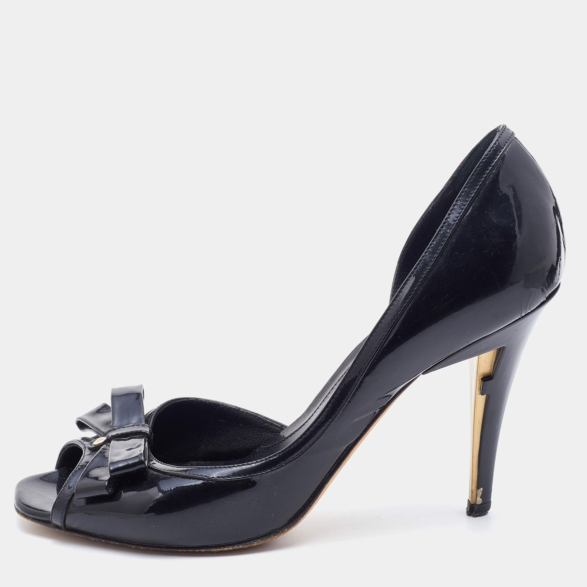 Pre Owned Fendi Black Patent Leather Bow Peep Toe D'orsay Pumps Size 38.5