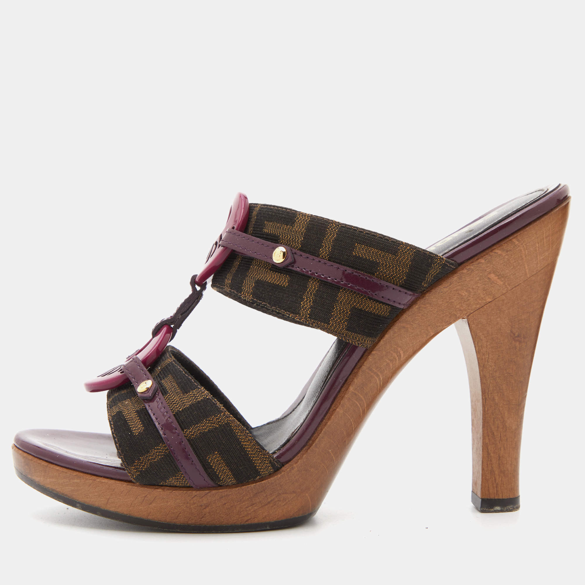 Pre Owned Fendi Brown/Plum Zucca Canvas and Patent Leather Platform Slide Sandals Size 37