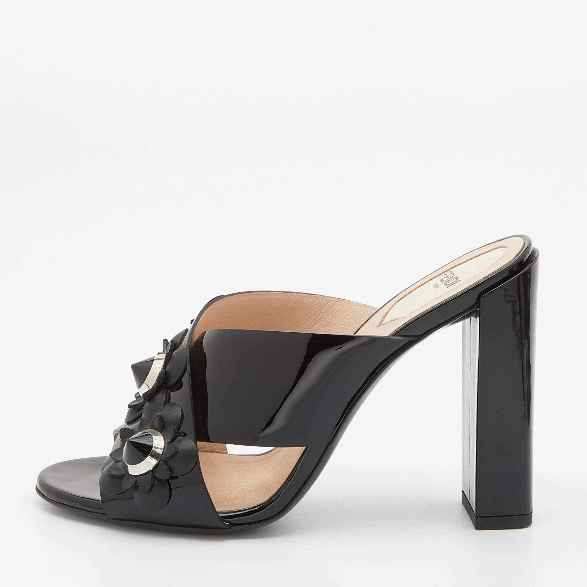 Fendi Black Patent Leather Flowerland Criss Cross Slide Sandals Size 37