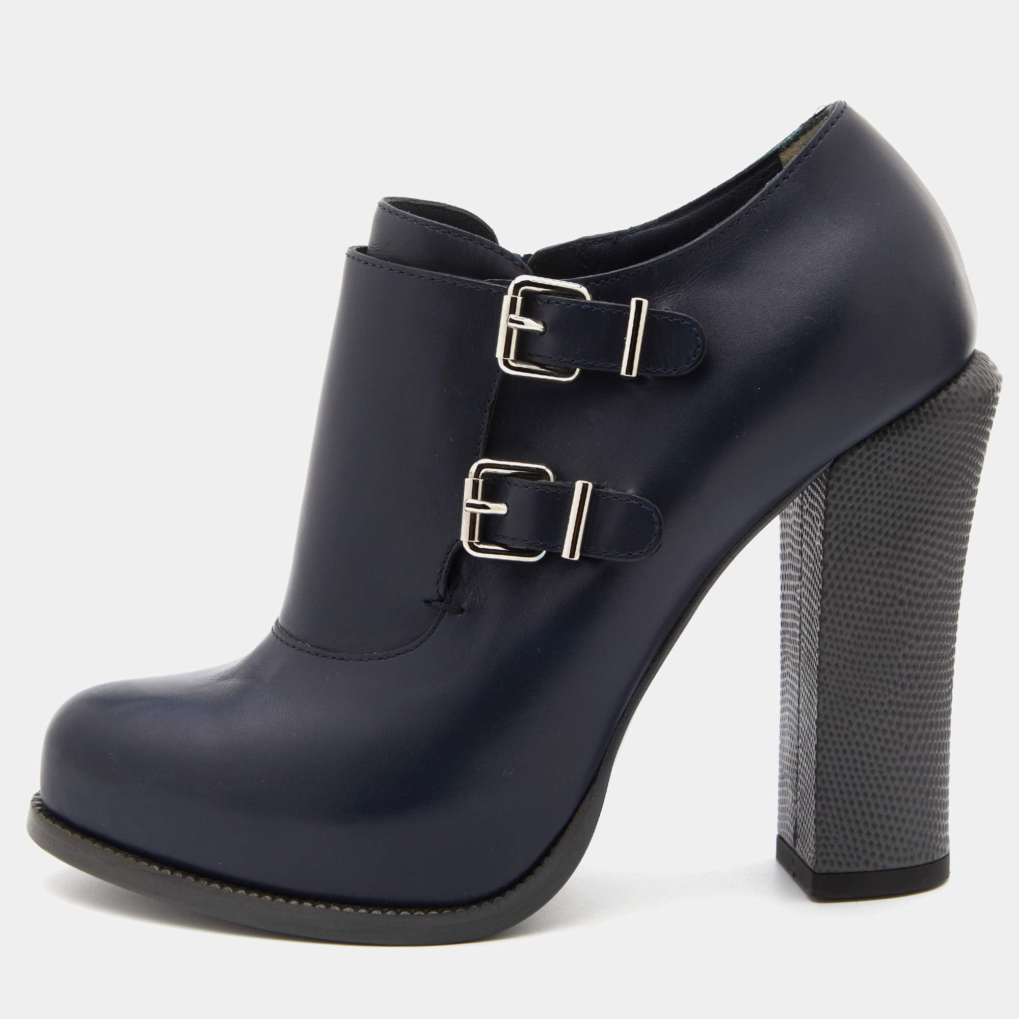 Pre Owned Fendi Navy Blue Leather Buckle Detail Ankle Length Platform Boots Size 38