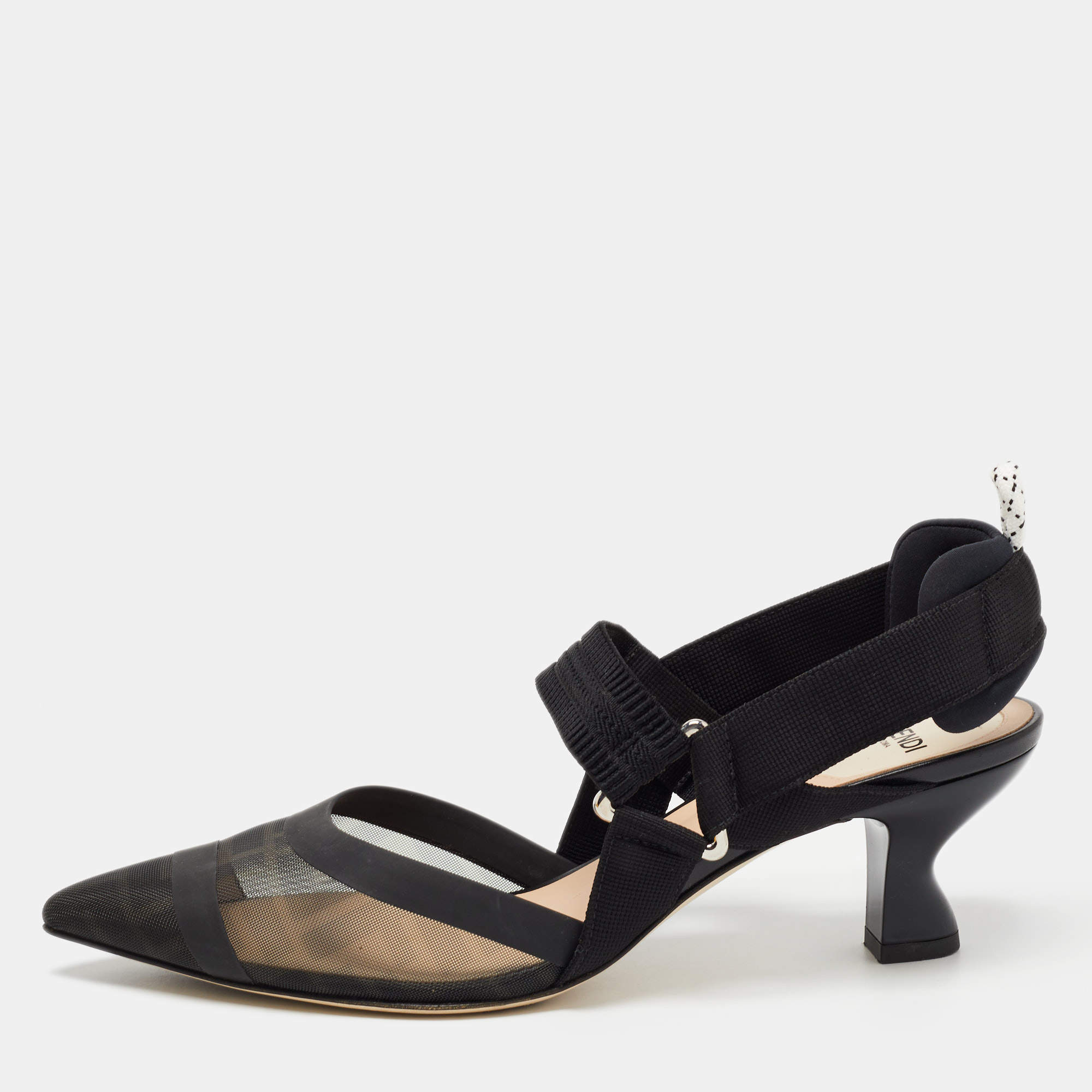 Pre Owned Fendi Black Mesh and Leather Colibri Slingback Pumps Size 39