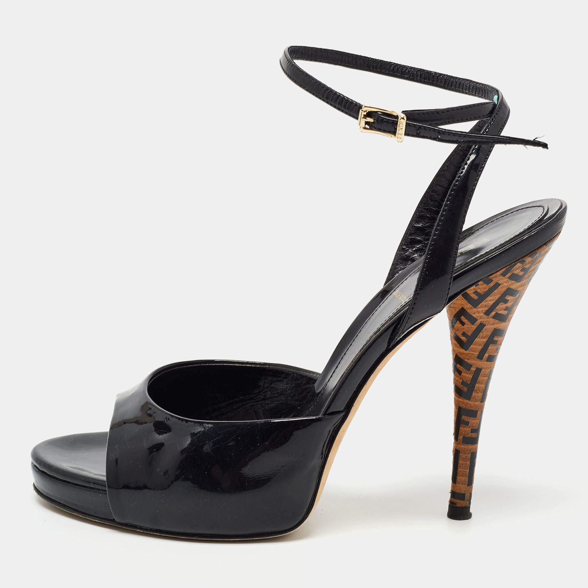 Pre Owned Fendi Black Patent Leather Ankle Strap Sandals Size 38