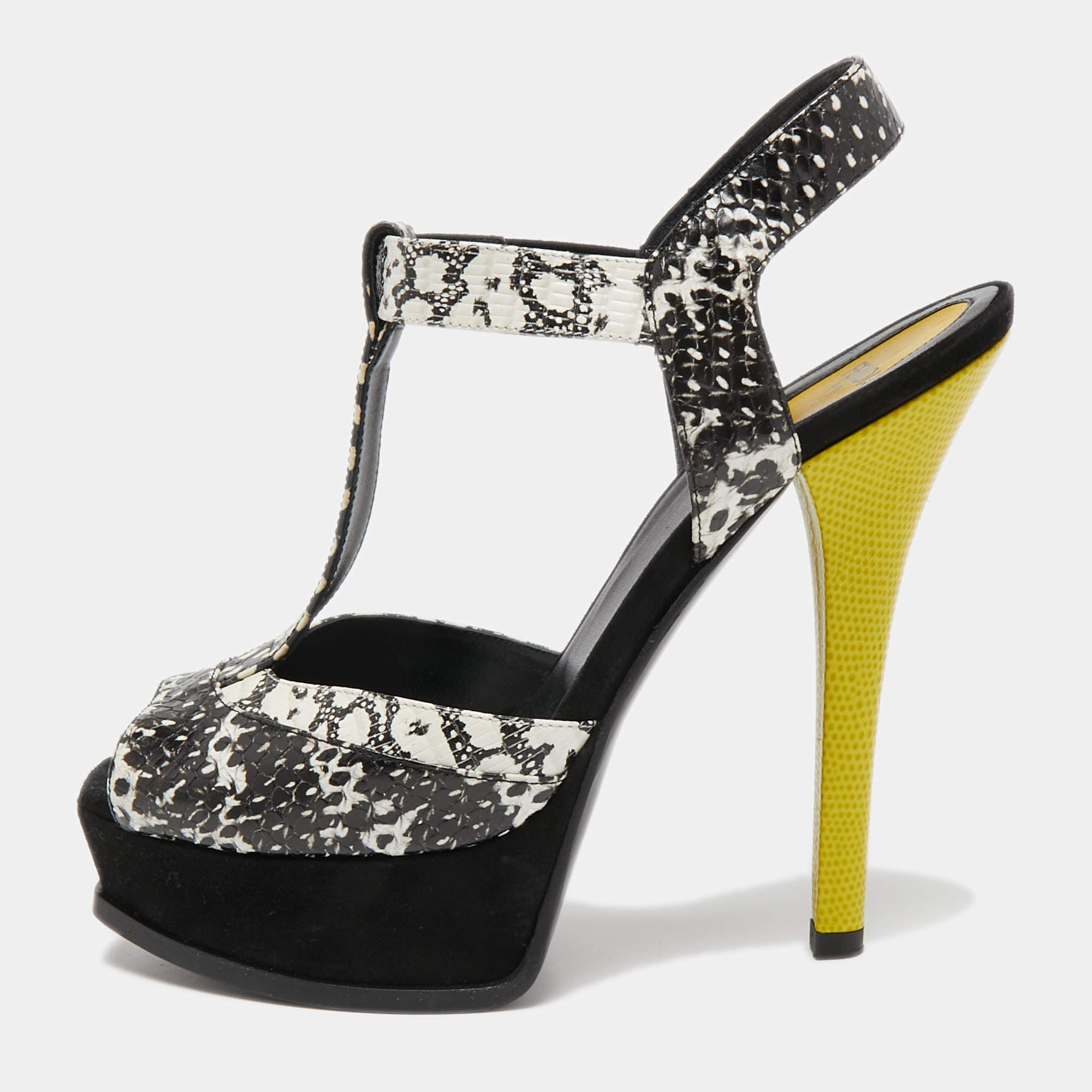Fendi Multicolor Python Embossed Leather and Suede Animal Print T-Strap Sandals Size 38