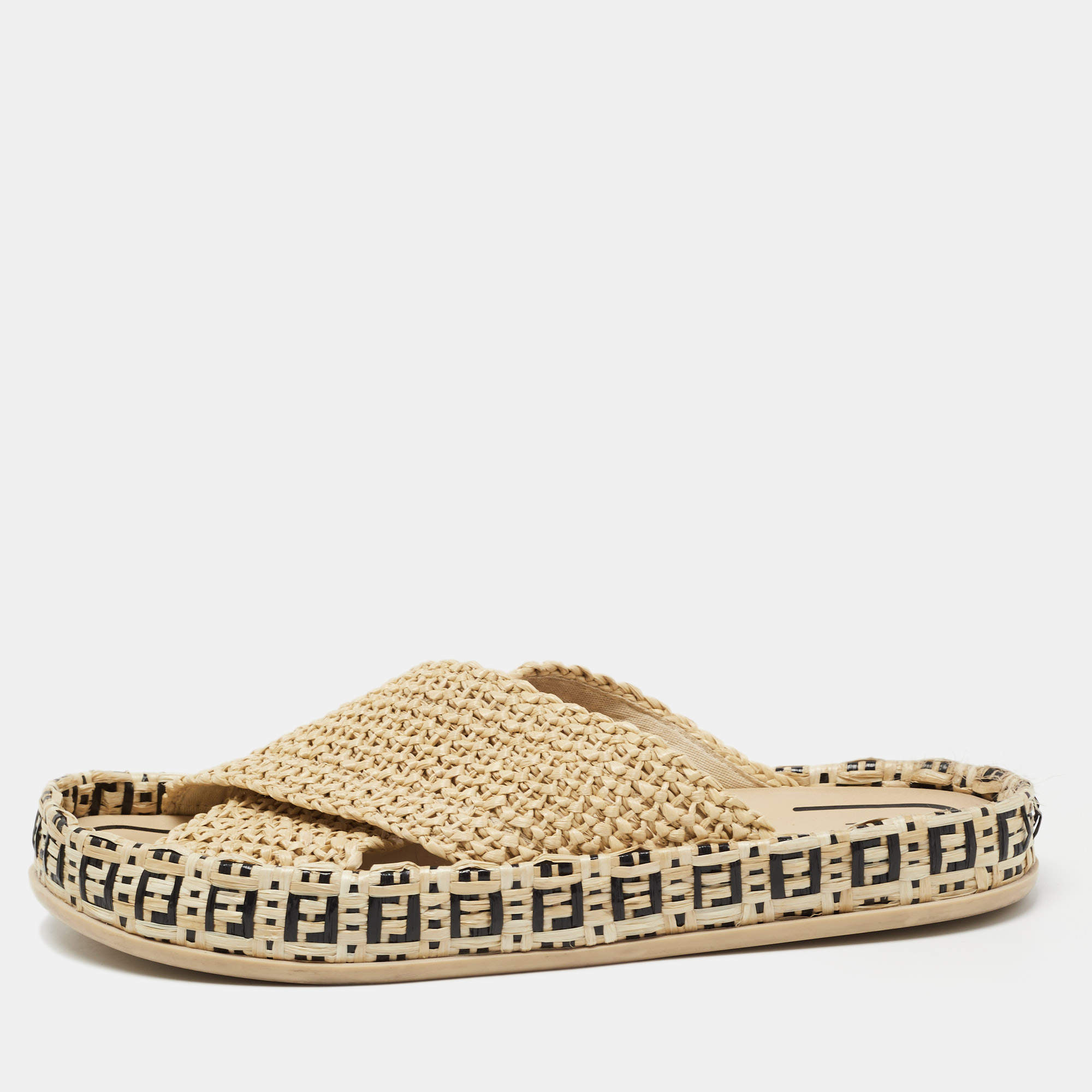 Fendi Beige Crisscross Raffia Zucca Espadrille Flat Slides Size 39