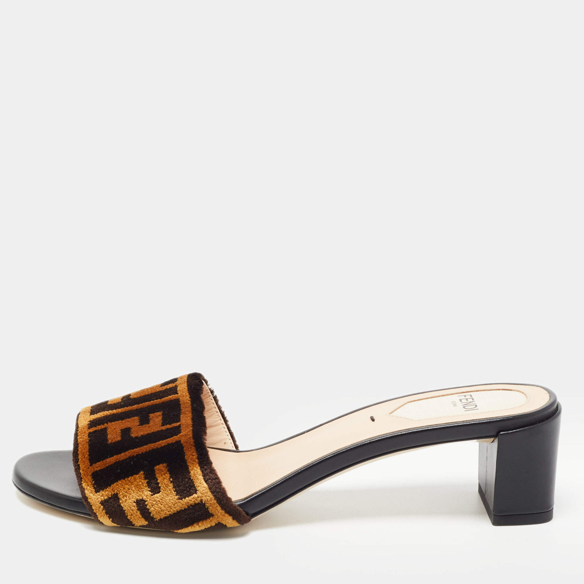 Pre Owned Fendi Brown Zucca Velvet Slide Sandals Size 36