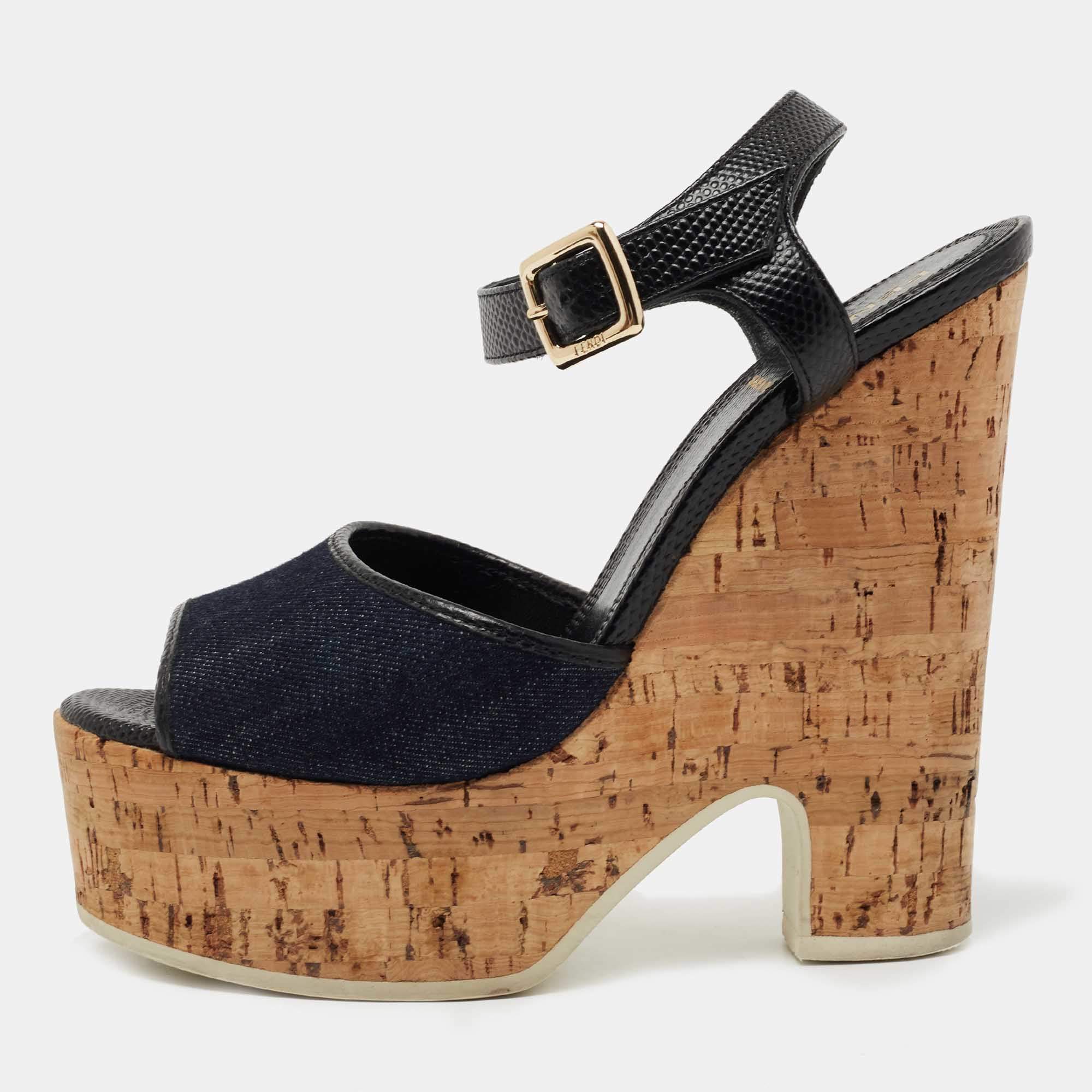 Fendi Navy Blue/Black Denim and Lizard Embossed Leather Cork Wedge Platform Sandals Size 36
