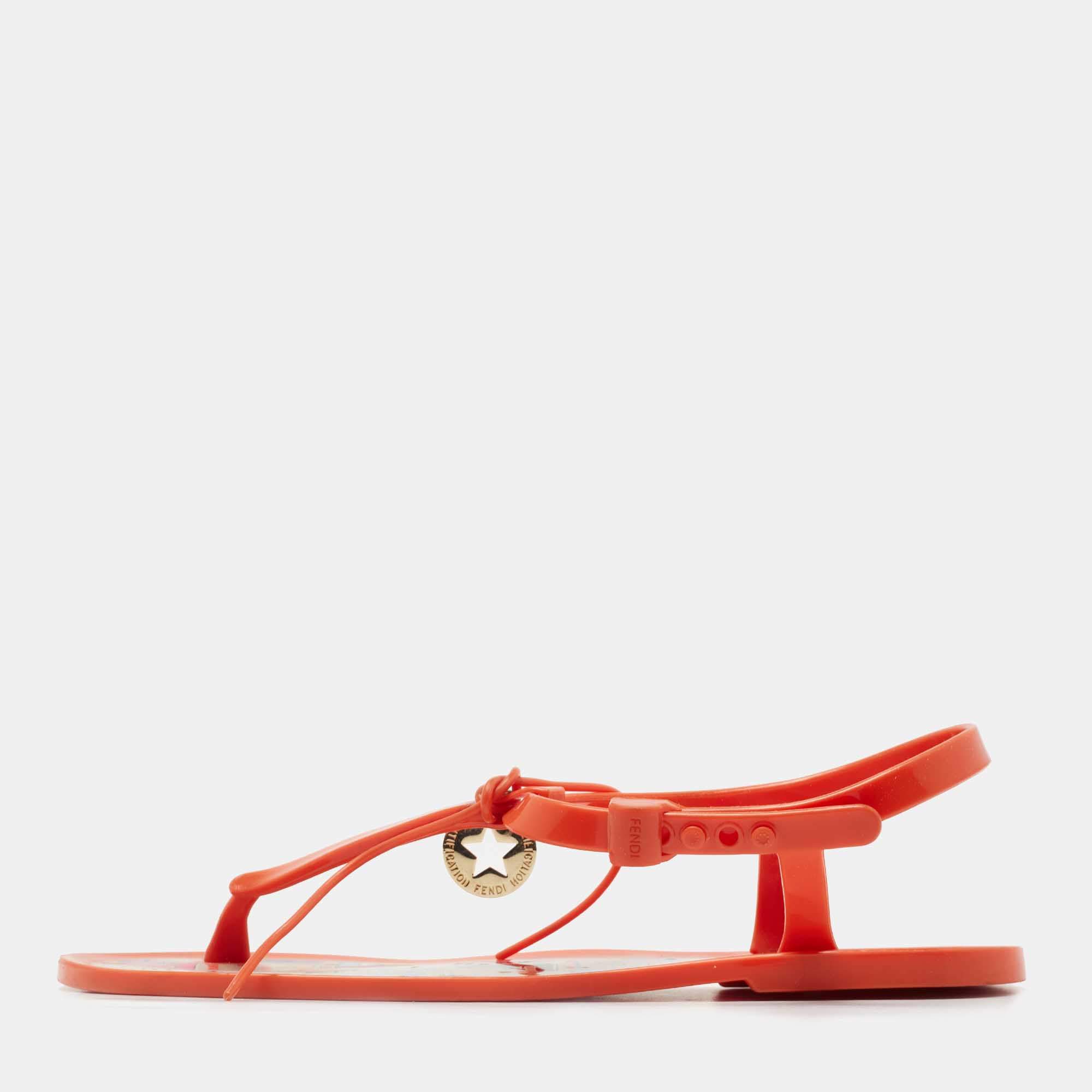 Pre Owned Fendi Orange Rubber Logo Charm Sunny Thong Flat Sandals Size 40