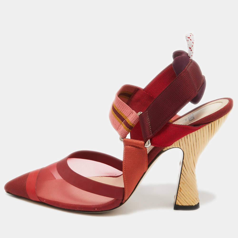 Pre Owned Fendi Red/Burgundy Mesh and Canvas Colibri Sligback Pumps Size 38