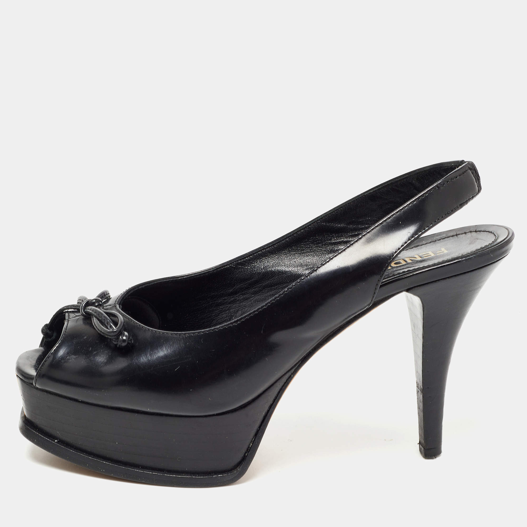 Pre Owned Fendi Black Patent Leather Fendista Platform Slingback Pumps Size 37