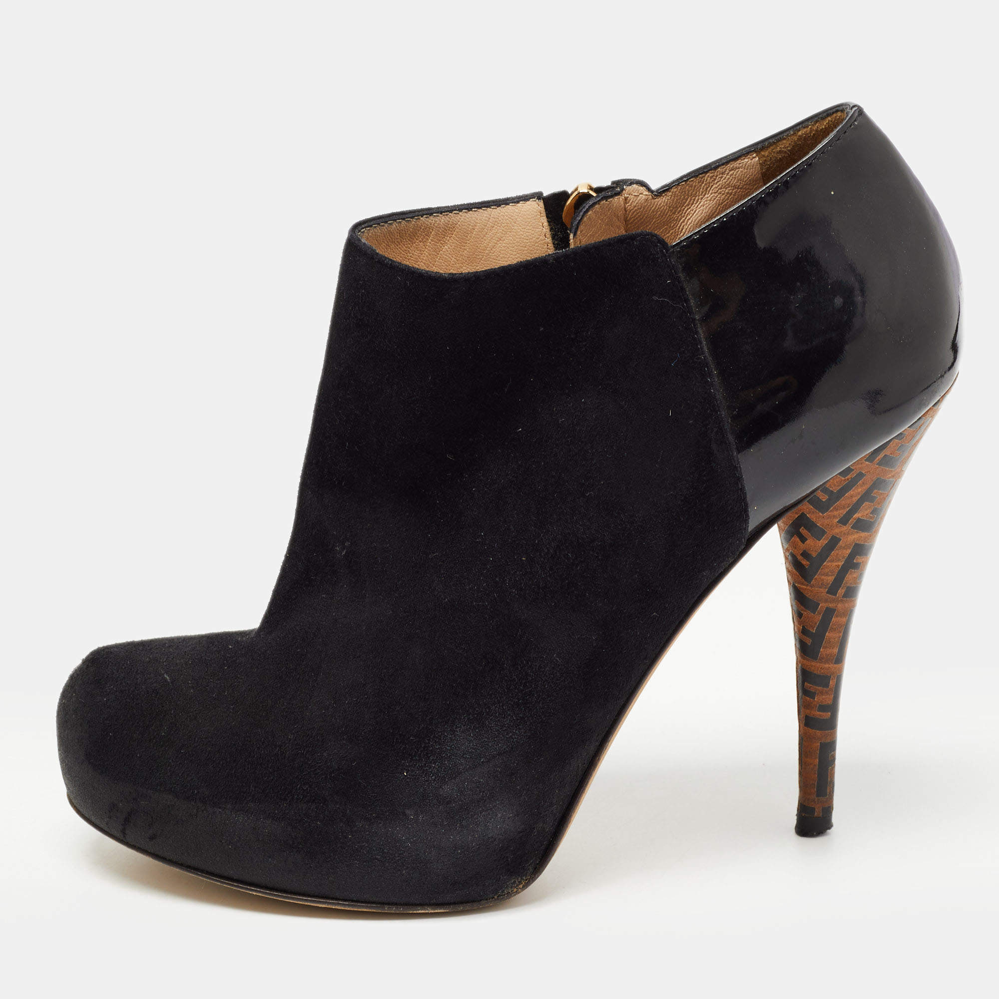 Pre Owned Fendi Black Suede and Patent Leather Ankle Booties Size 38.5