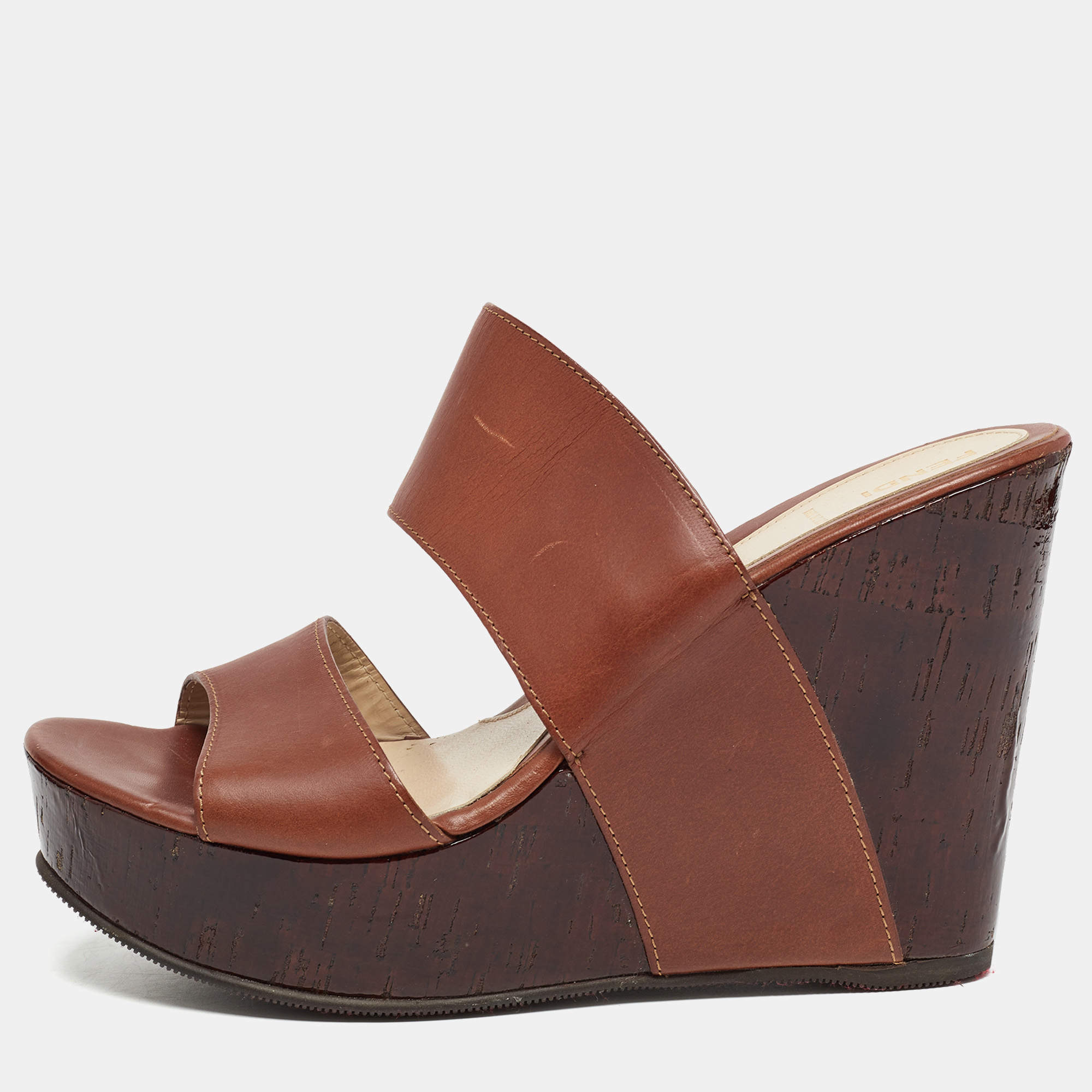 Pre Owned Fendi Brown Leather Wedge Platform Slide Sandals Size 40