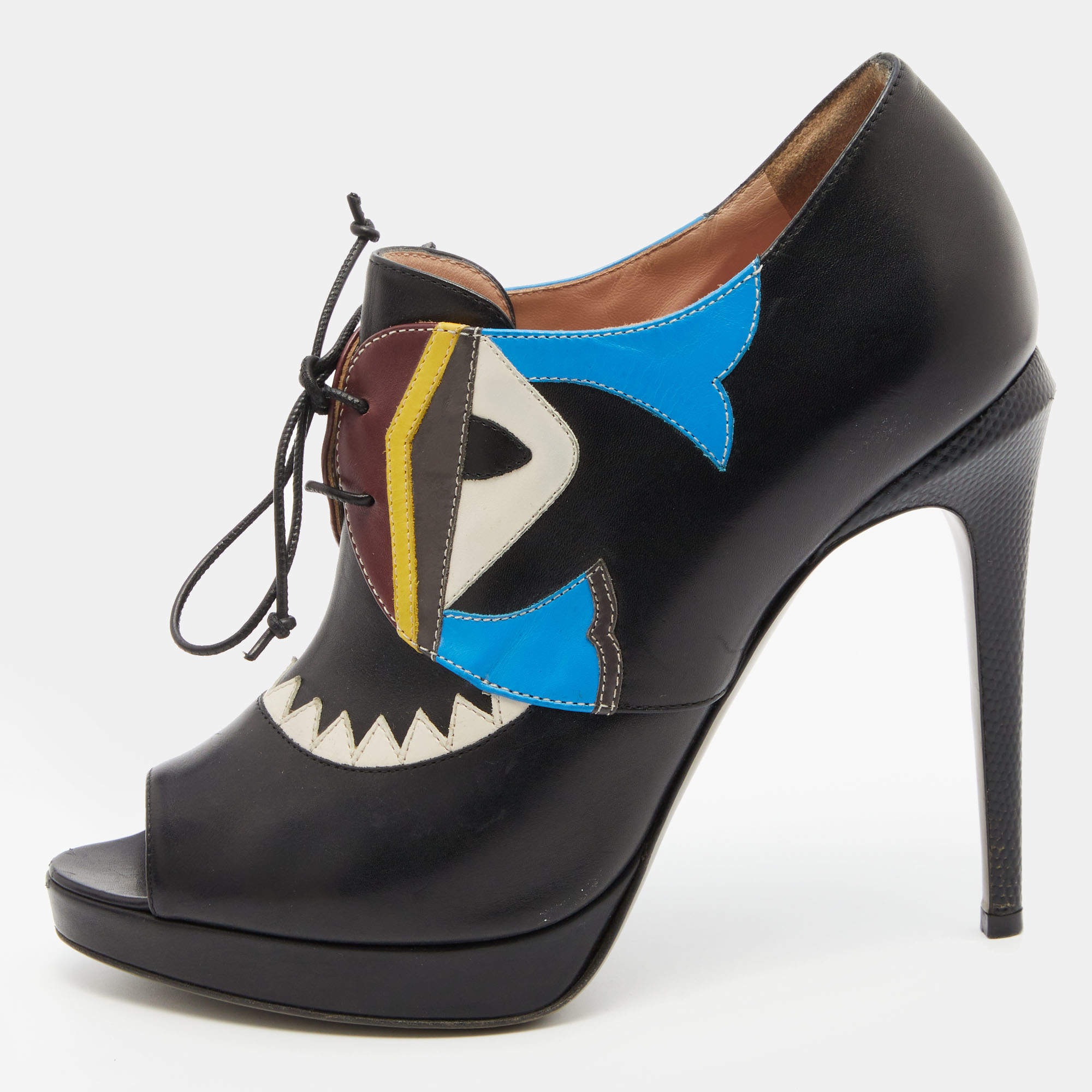 Fendi Multicolor Leather Monster Peep Toe Ankle Booties Size 38