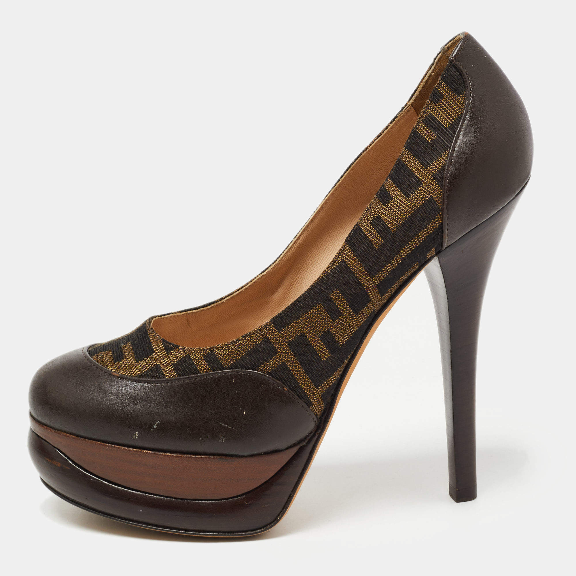 Pre Owned Fendi Brown Zucca Canvas and Leather Platform Pumps Size 40