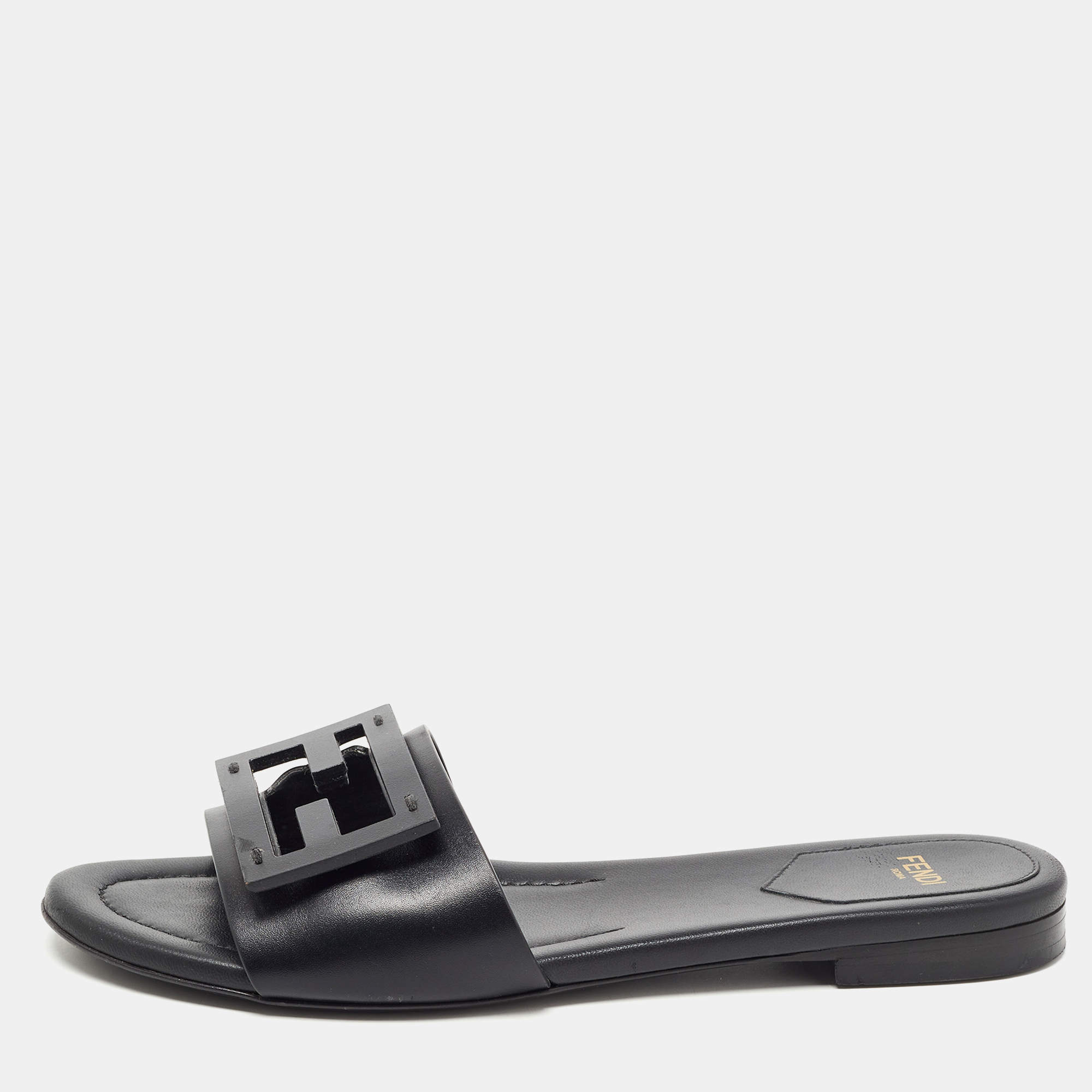 Pre Owned Fendi Black Leather Logo Flat Slides Size 37