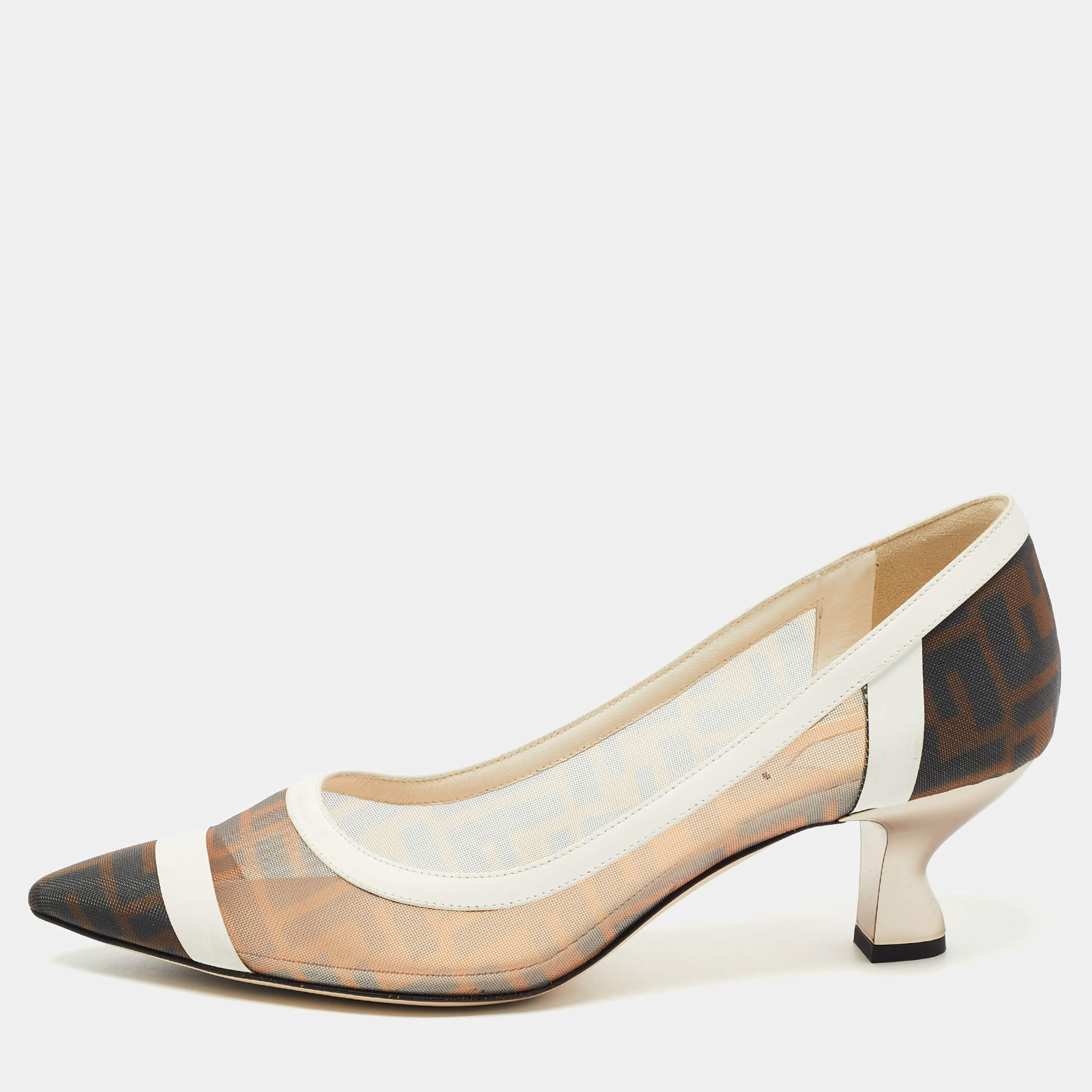 Pre Owned Fendi Brown/White Zucca Mesh and Leather Colibri Pumps Size 41