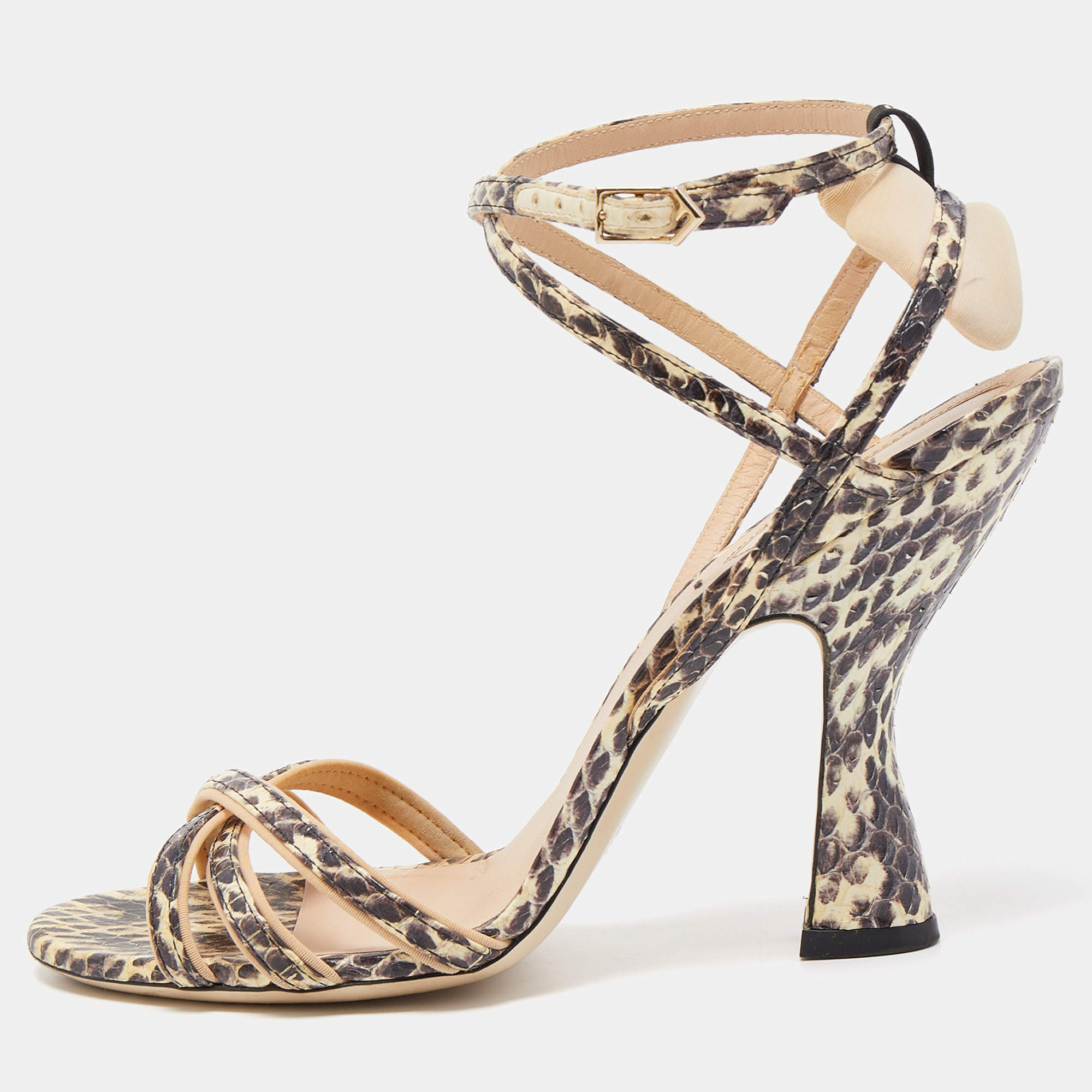 Pre Owned Fendi Black/Beige Python Strappy Sandals Size 37