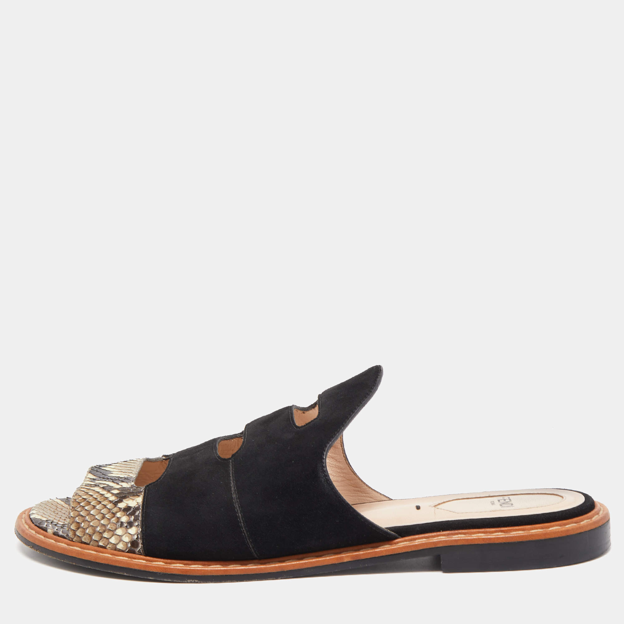 Pre Owned Fendi Black/Brown Suede and Python Cut Out Flat Slides Size 40