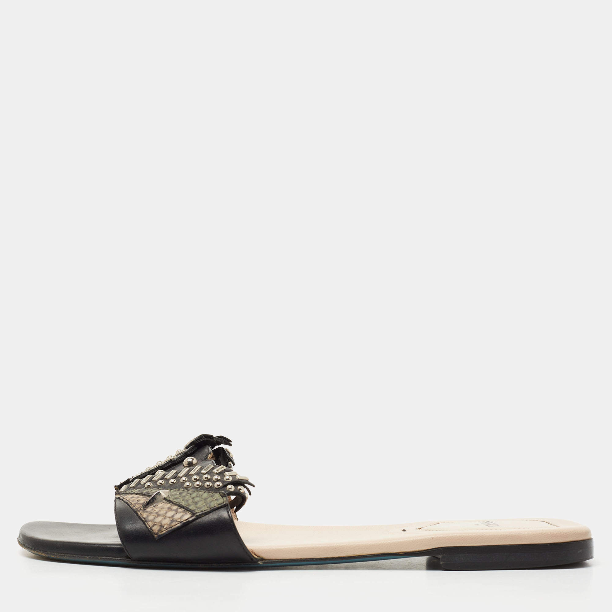 Fendi Black Leather Studded Flat Slides Size 40