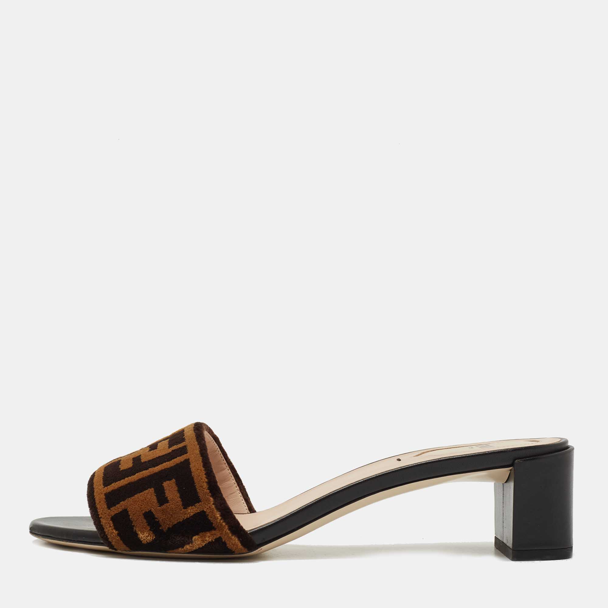 Pre Owned Fendi Brown Velvet FF Logo Slide Sandals Size 39