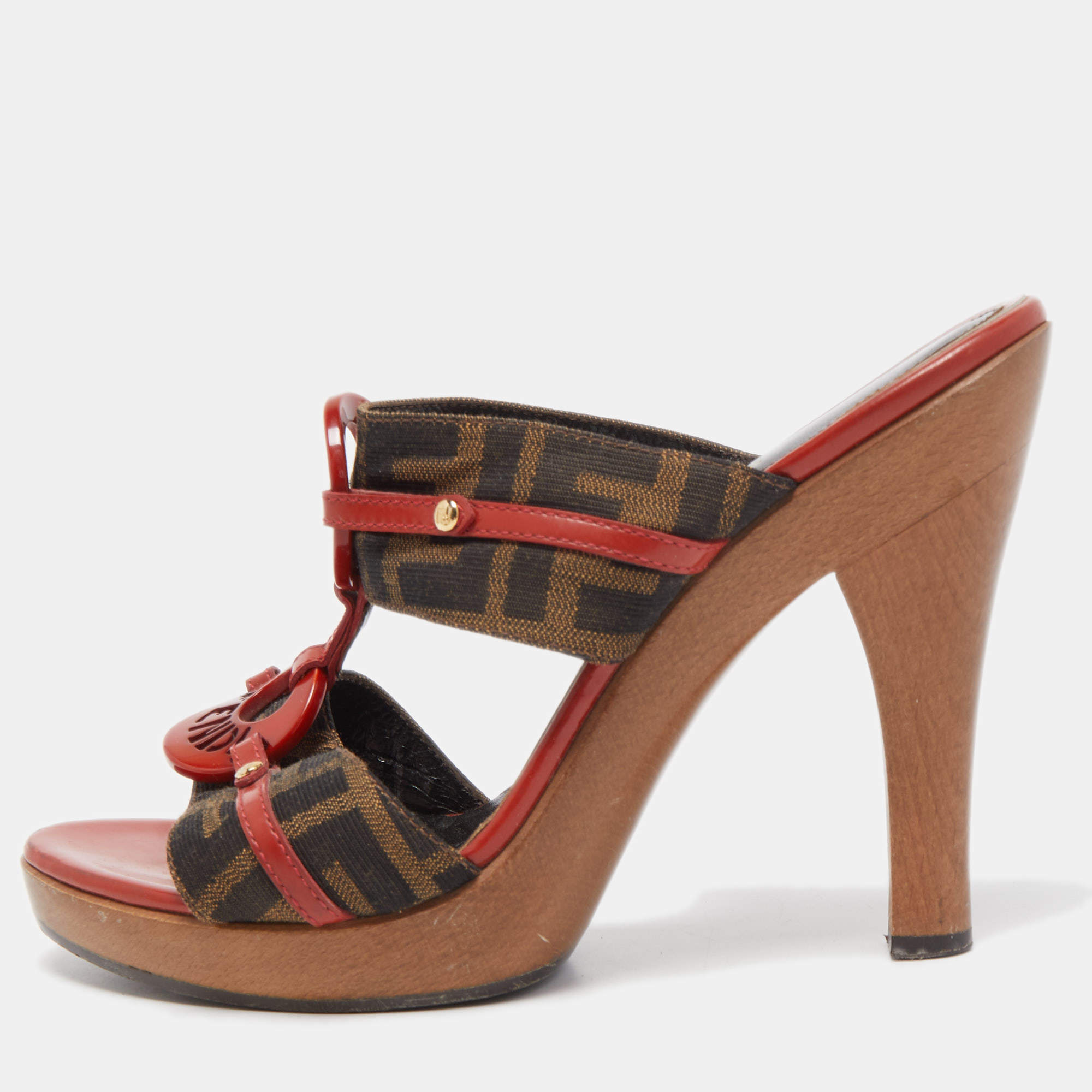 Fendi Brown Zucca Canvas and Patent Leather Platform Slide Size 39