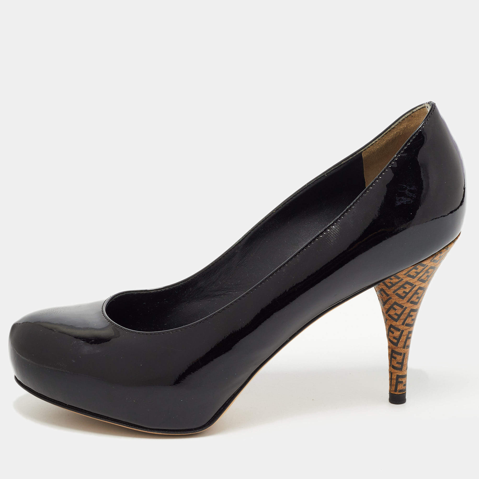 Pre Owned Fendi Black Patent Leather FF Superstar Pumps Size 37