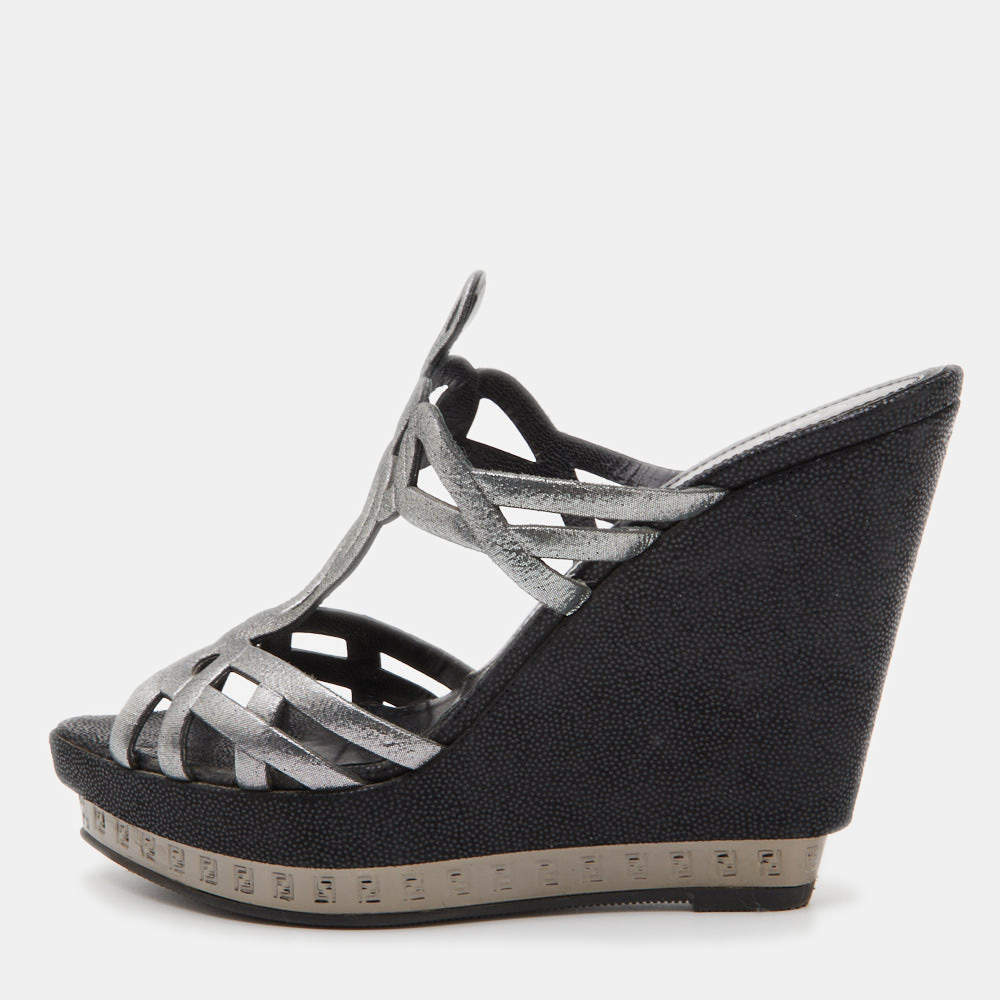 Pre Owned Fendi Metallic Grey Fabric Cut Out Wedge Slide Sandals Size 37