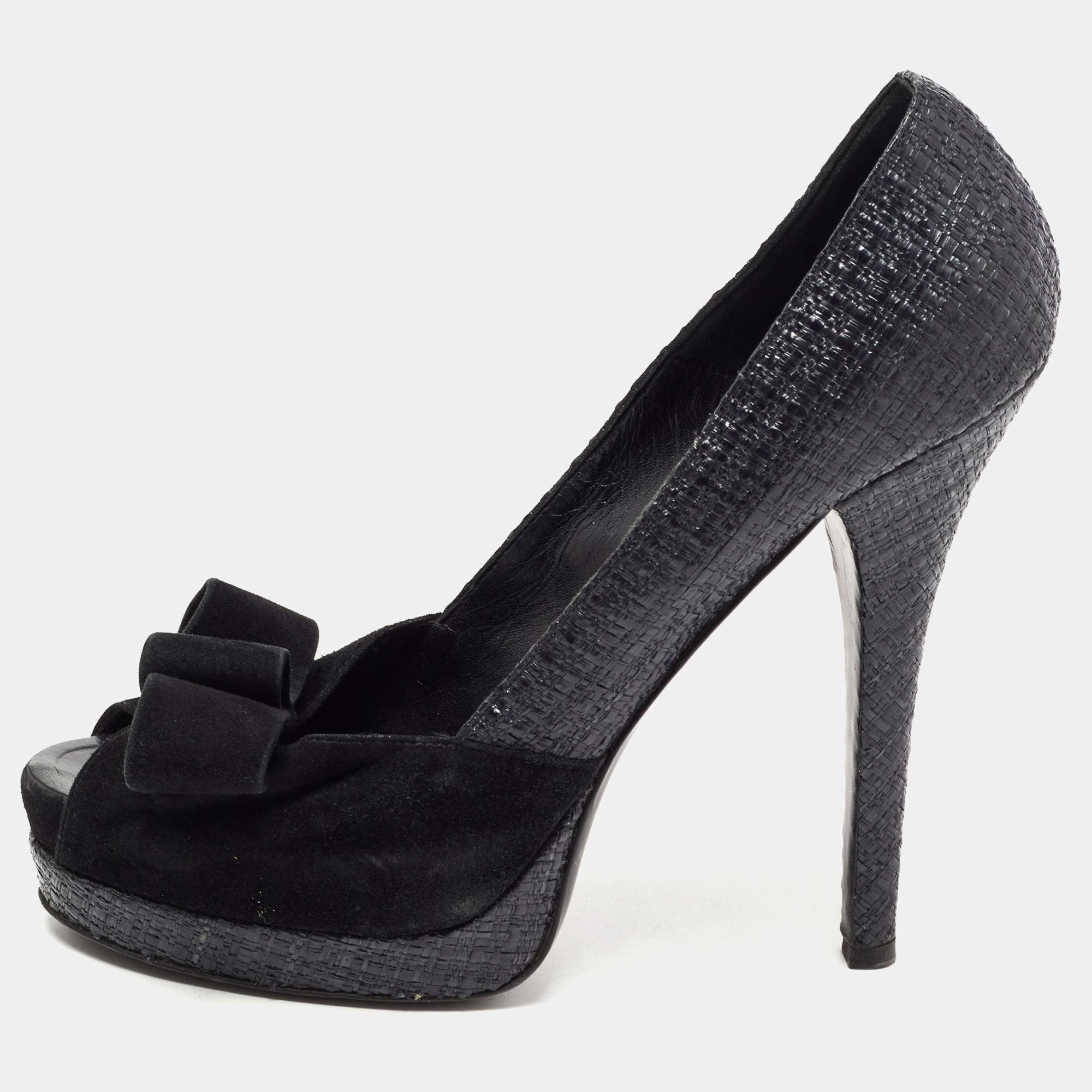 Pre Owned Fendi Two Tone Woven Raffia and Suede Bow Deco Platform Pumps Size 41