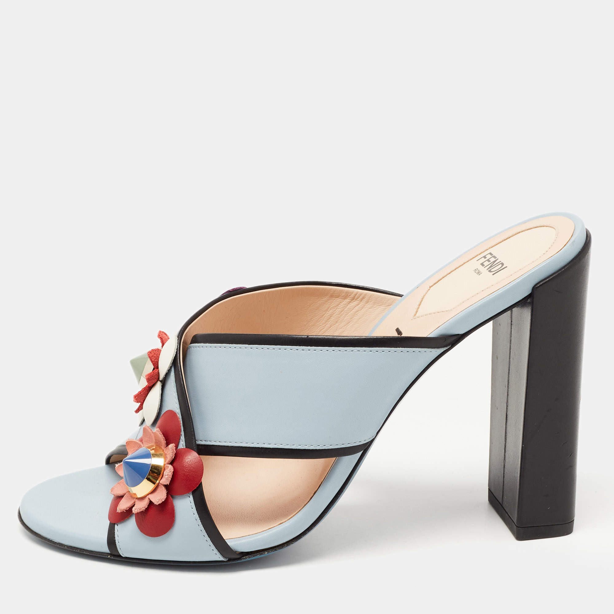 Pre Owned Fendi Blue Leather Flowerland Slide Sandals Size 38