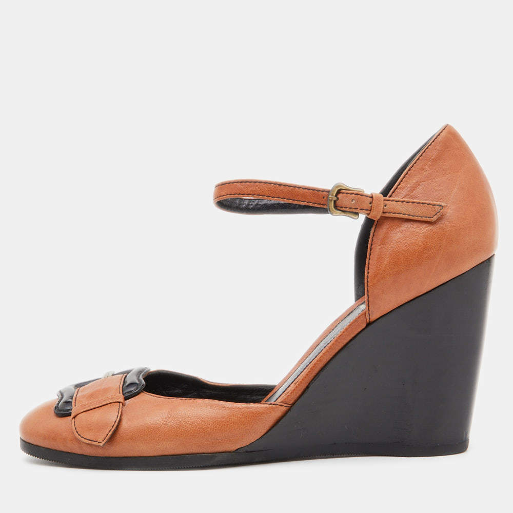 Pre Owned Fendi Brown Leather Buckle Detail Ankle Strap Wedge Pumps Size 40