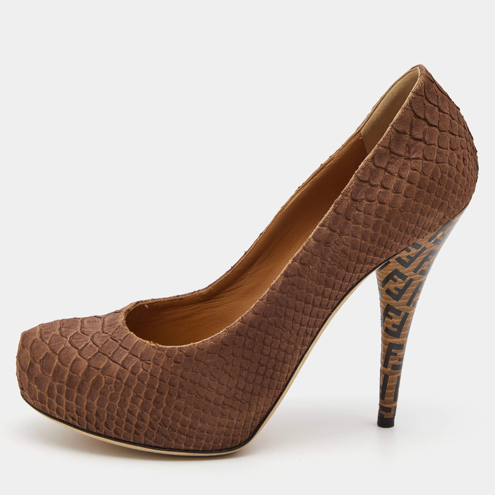 Pre Owned Fendi Brown Python Embossed Leather Superstar Platform Pumps Size 40