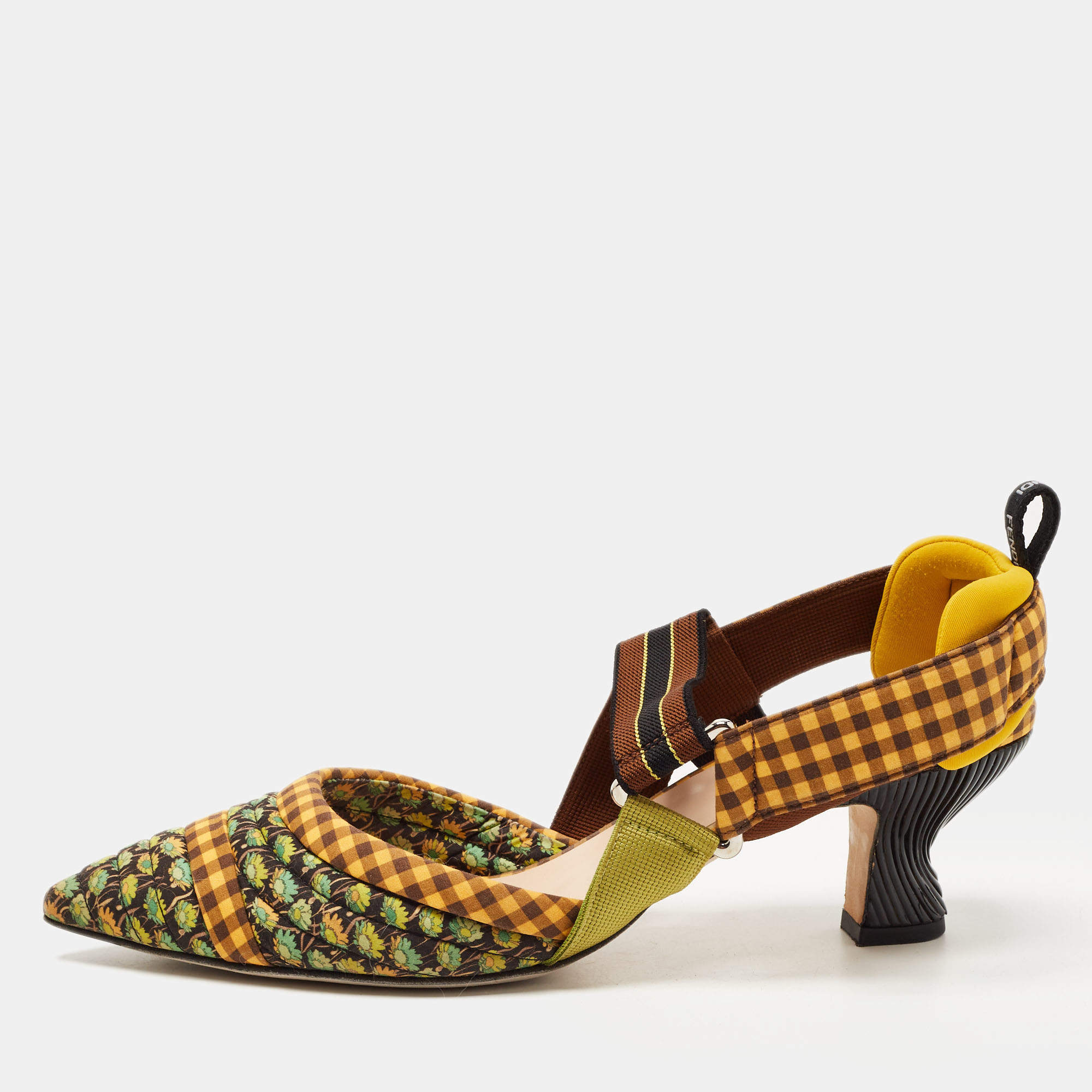 Pre Owned Fendi Multicolor Fabric Colibri Slingback Pumps Size 38.5