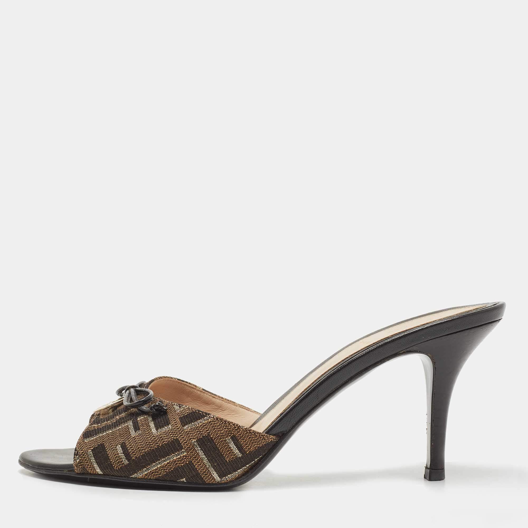 Fendi Two Tone Zucca Canvas Bow Slide Sandals Size 37