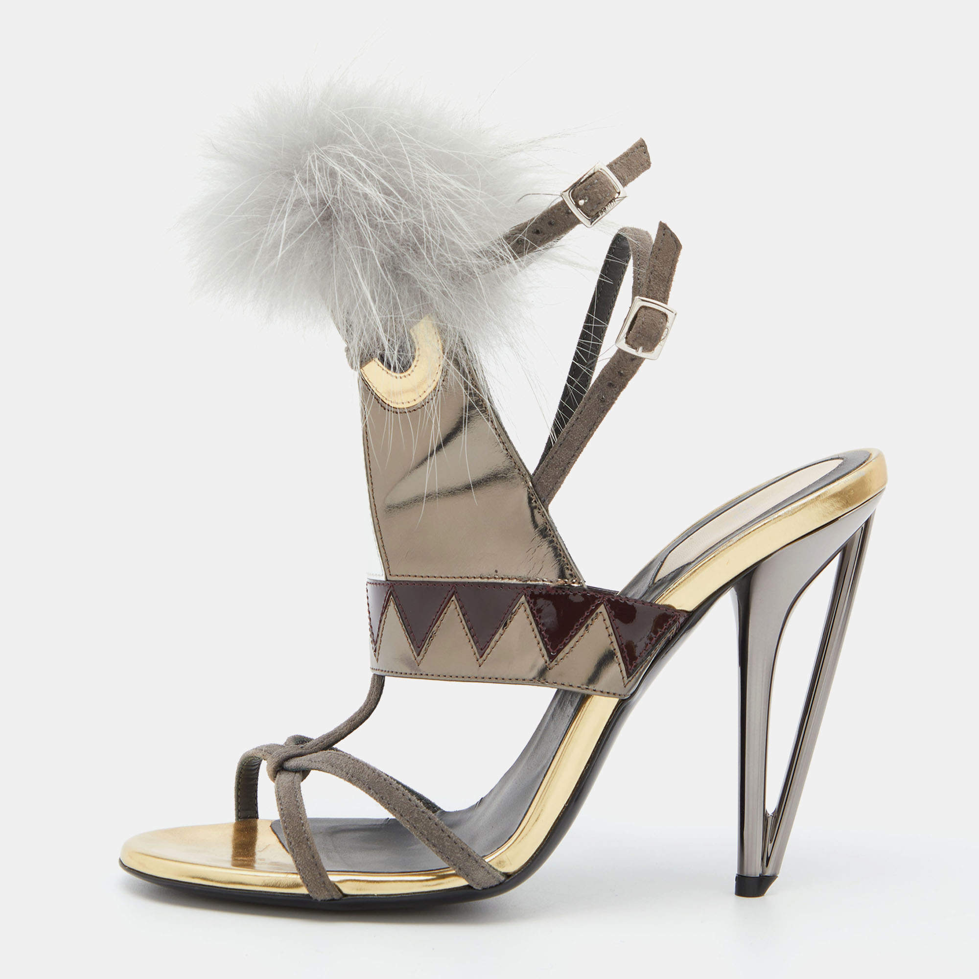 Fendi Metallic Grey Leather and Fur Monster Eye Ankle Strap Sandals Size 38.5