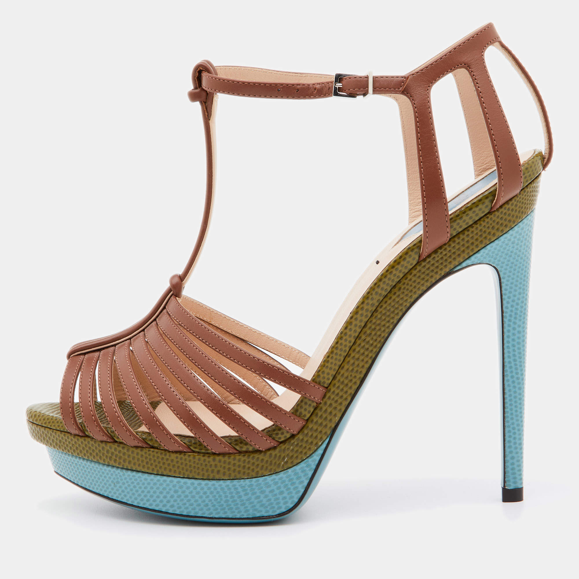 Pre Owned Fendi Brown Leather T-Bar Strappy Platform Sandals Size 38.5