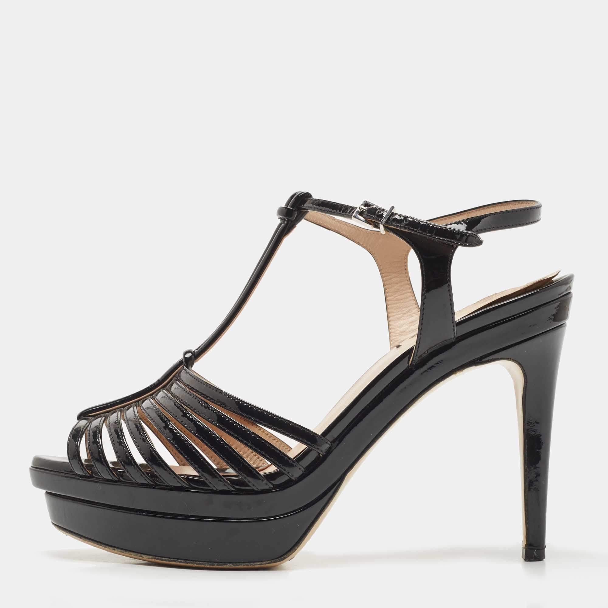 Pre Owned Fendi Black Patent Leather Strappy Platform Ankle Strap Sandals Size 37