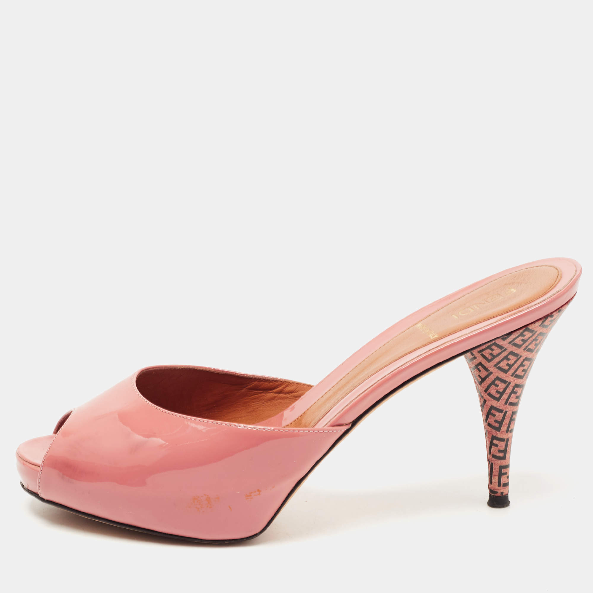 Fendi Pink Patent Leather Peep Toe Zucca Heel Slide Sandals Size 39