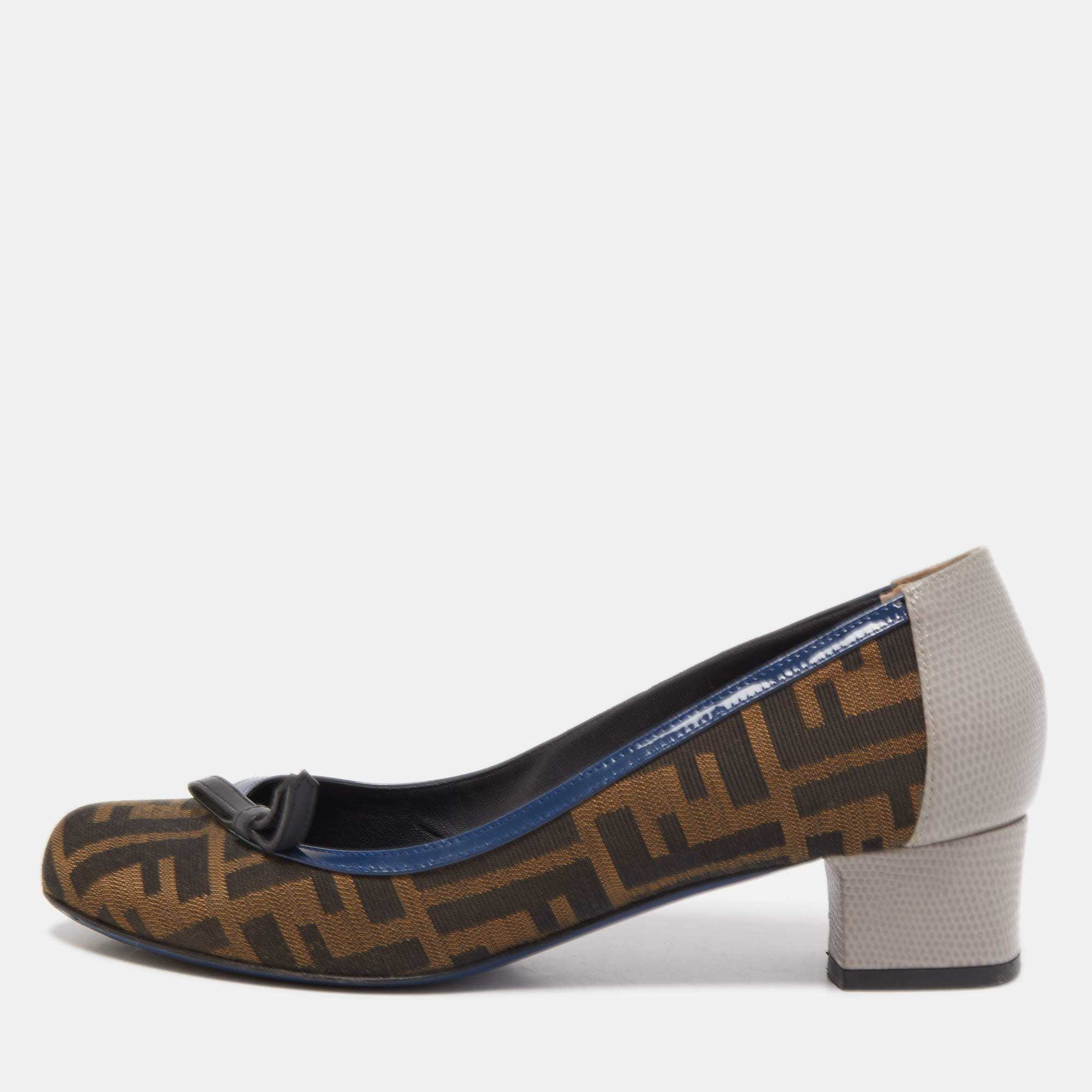 Pre Owned Fendi Brown Tobacco Zucca Canvas And Lizard Embossed Leather Bow Block Heel Pumps Size 38