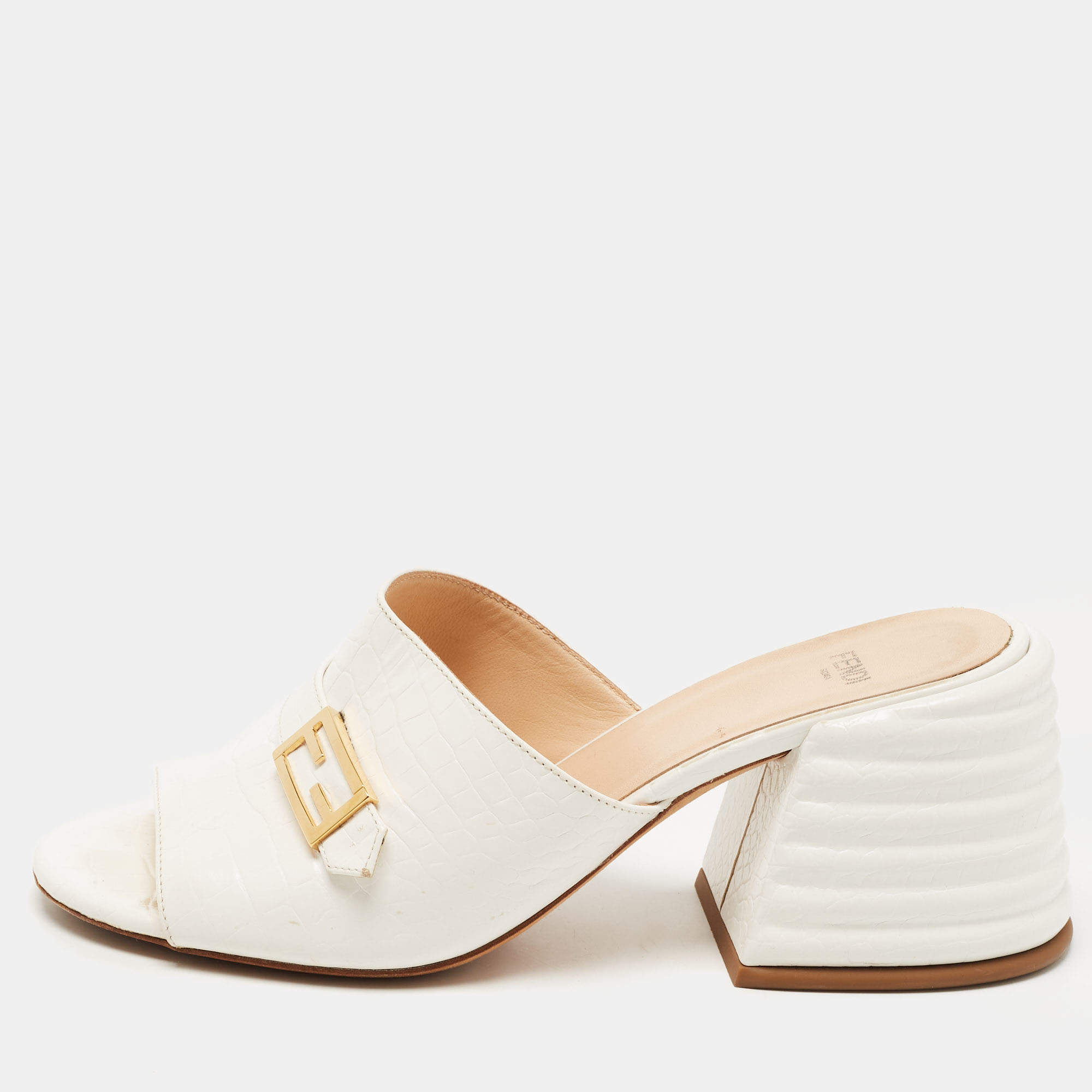 Fendi White Croc Embossed Leather Block Heel Slide Sandals Size 37.5