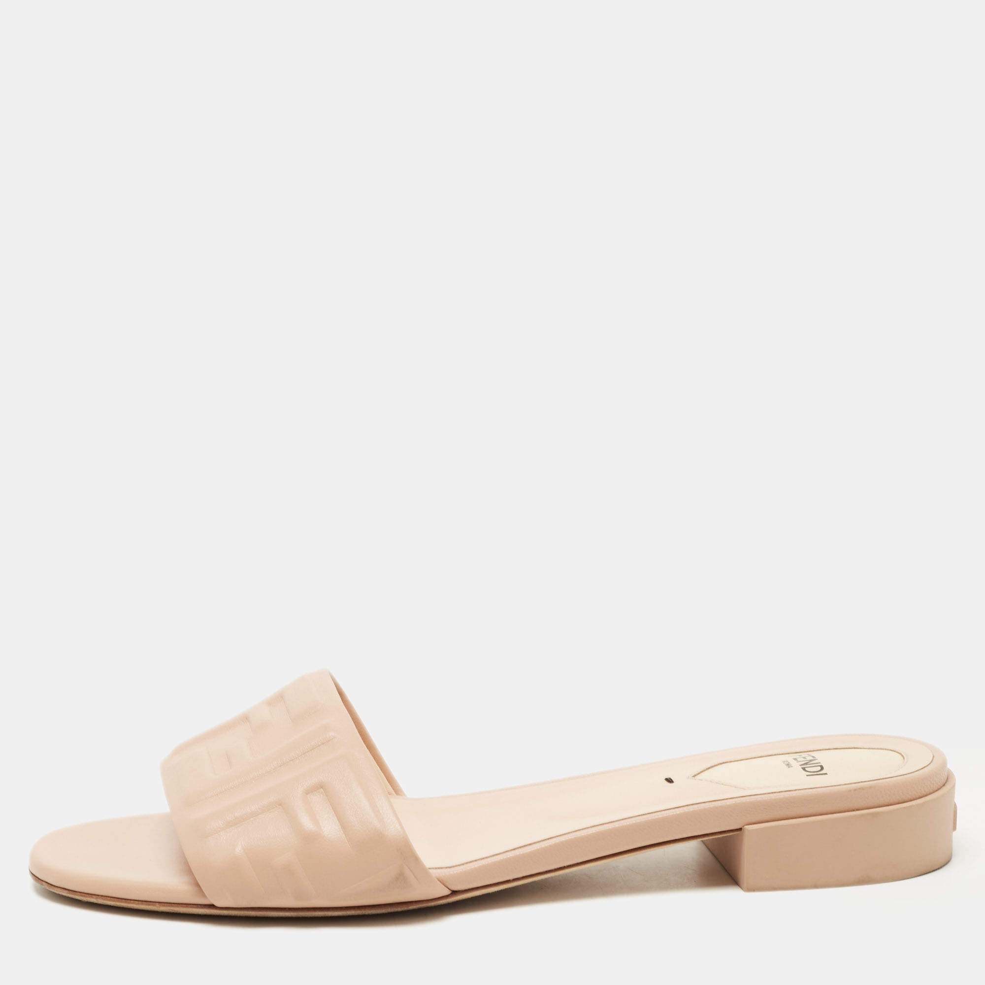Pre Owned Fendi Beige Leather FF Flat Slides Size 39