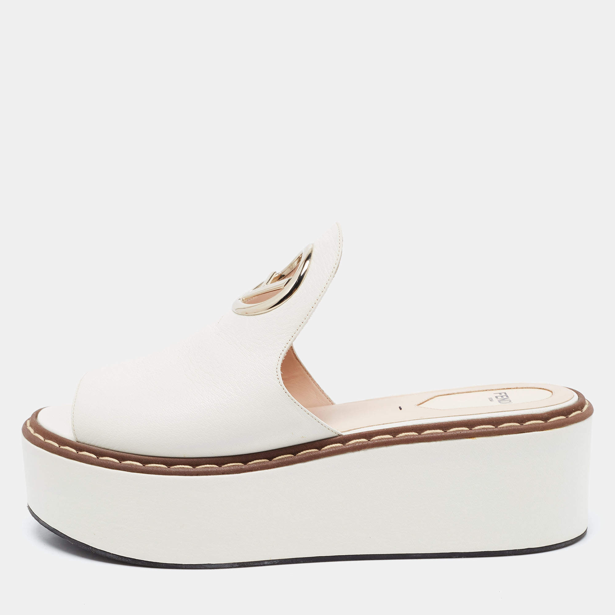 Pre Owned Fendi White Leather Logo Detail Platform Mules Size 40