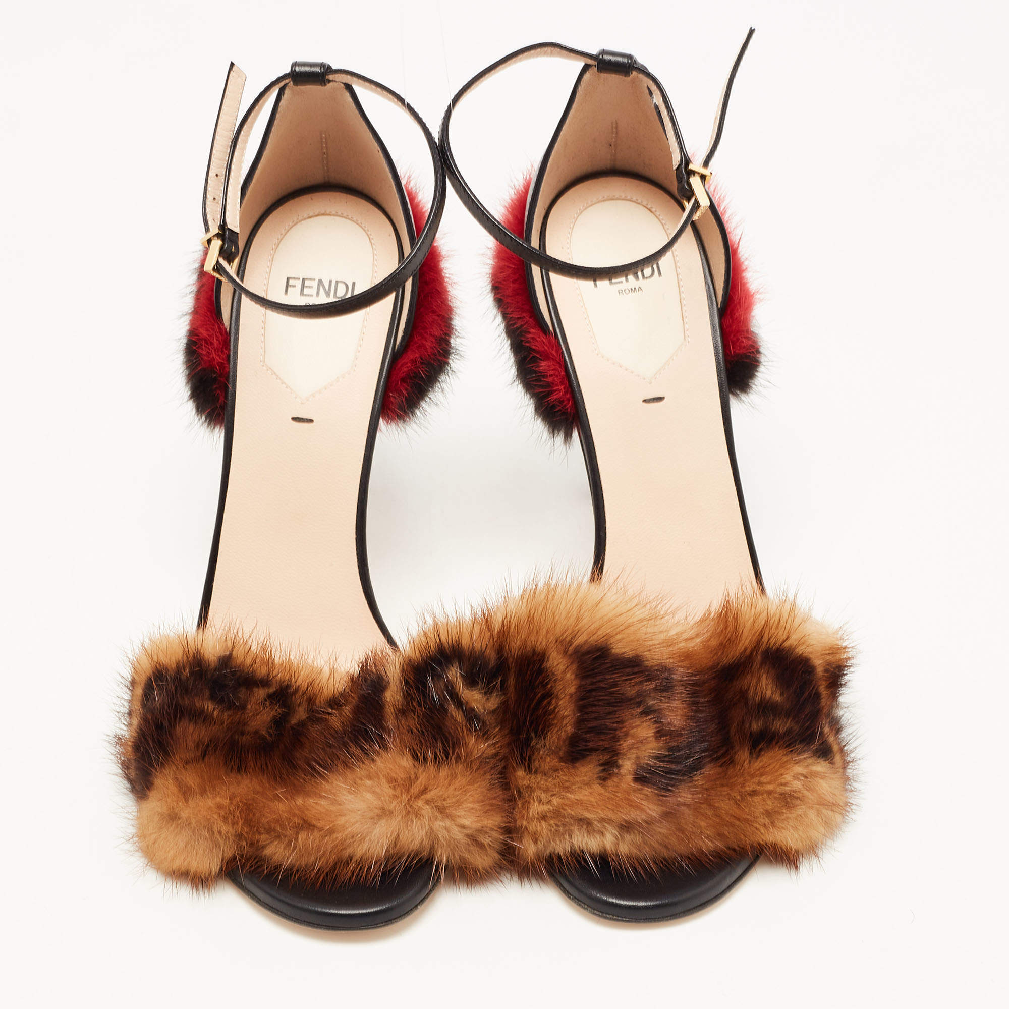 Fendi Multicolor FF Mink Fur Ankle Strap Sandals Size 38