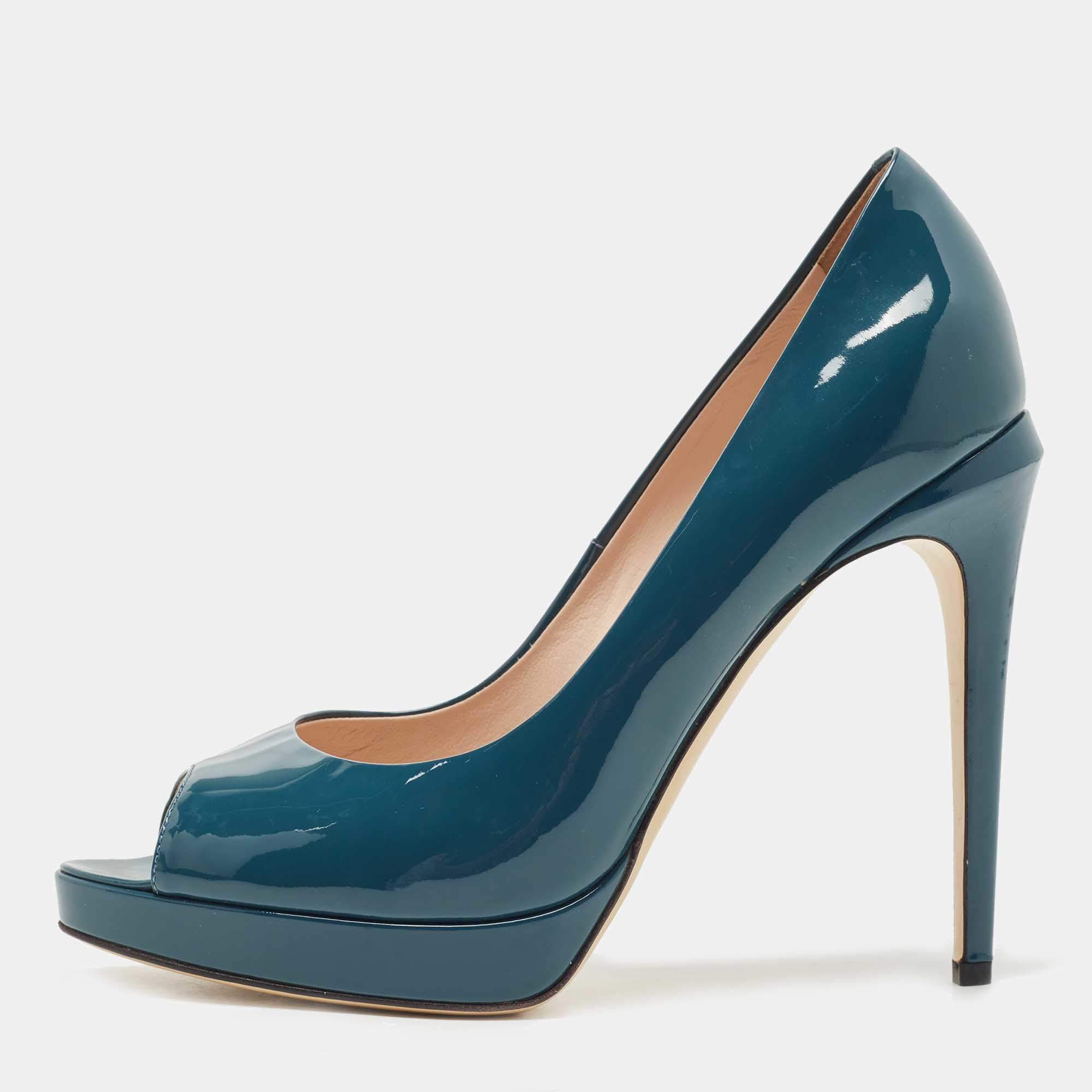 Pre Owned Fendi Teal Patent Leather FF Heels Peep Toe Platform Pumps Size 39
