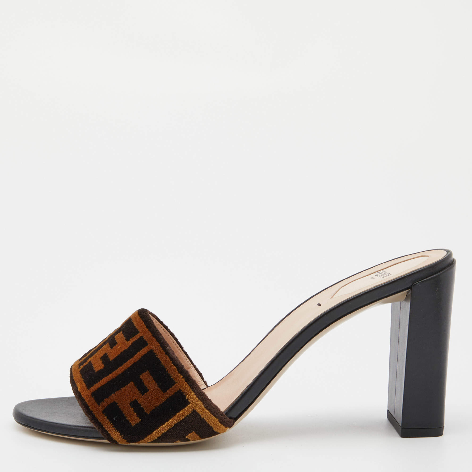 Pre Owned Fendi Brown Zucca Velvet Block Heel Slide Sandals Size 41.5