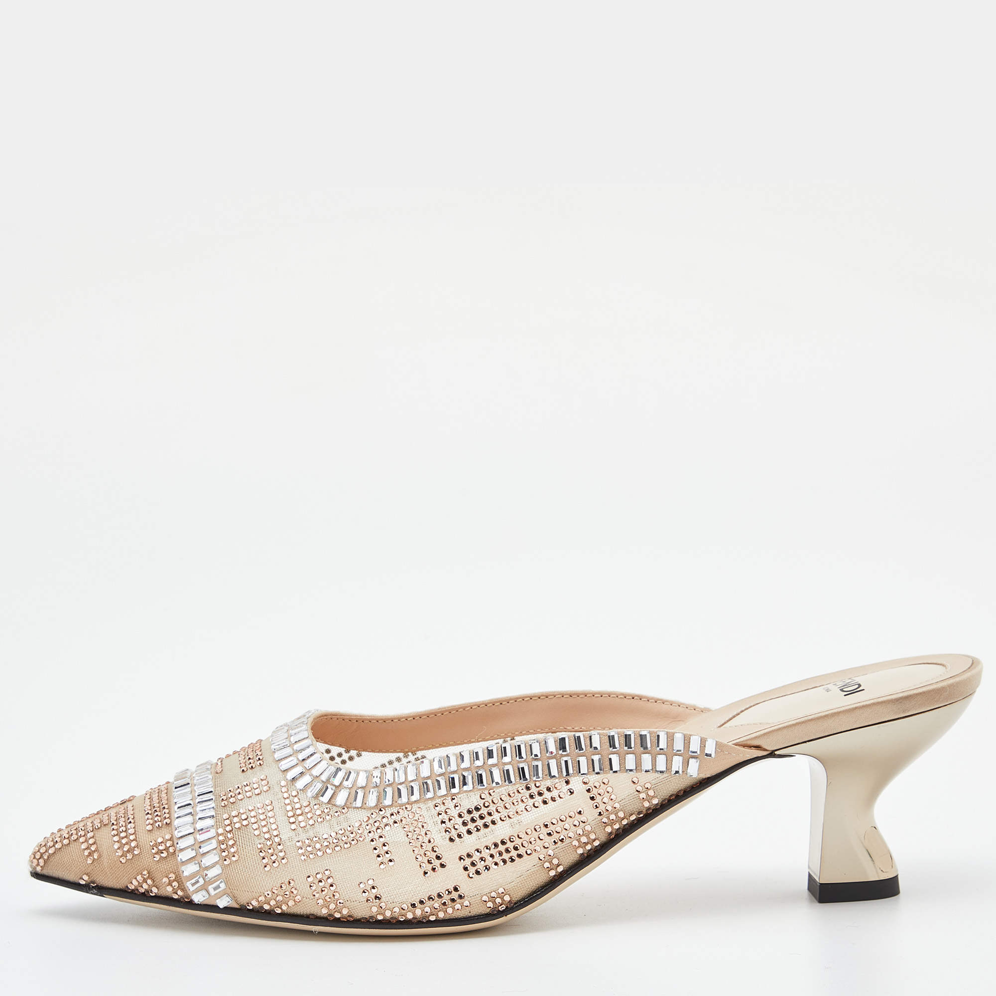 Pre Owned Fendi Pink Mesh Crystal Embellished Colibrì Pointed Toe Mules Size 38.5